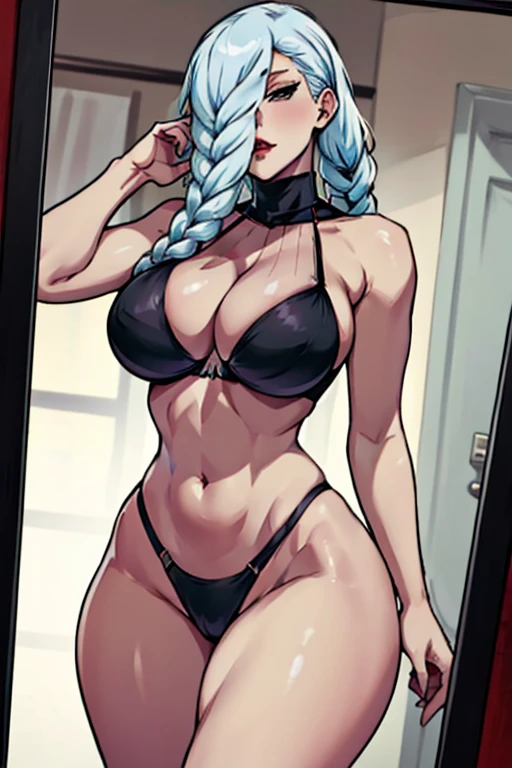 Mei Mei ( jujutsu kaisen ) White hair with braid Big medium tits healed abdomen big thick thighs Black thighs and sexy black bra in front of the mirror red lips anime imagem 4D