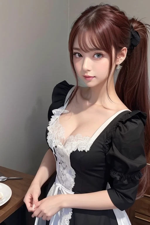 masterpiece,( top quality ,  illustration, detailed face :1.3),( 1 girl,Alone:1.3), beautiful detailed eyes,   apron,  gradation_background,  gradation, Maid,  purple eyes,red hair, small breasts,, break, enMaided, white_ apron, black_ dress,  ponytail, black_Footwear, Frilled_ apron,  dress, Maid_ apron,   alternate _hair,very long hair, _ ponytail, halo 