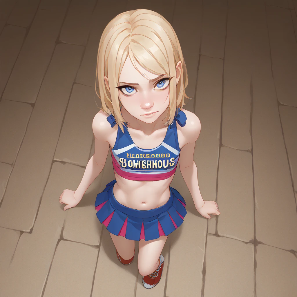 source_animated,  score_9,  score_8_above,  score_7_above,  score_6_above,  score_5_above,  score_4_above, 
1 girl, Alone,  small breasts ,  looking at the viewer , Blue eyes, skirt, blonde hair,  medium high , belly button, neckline, collections, cheerleader, nude
