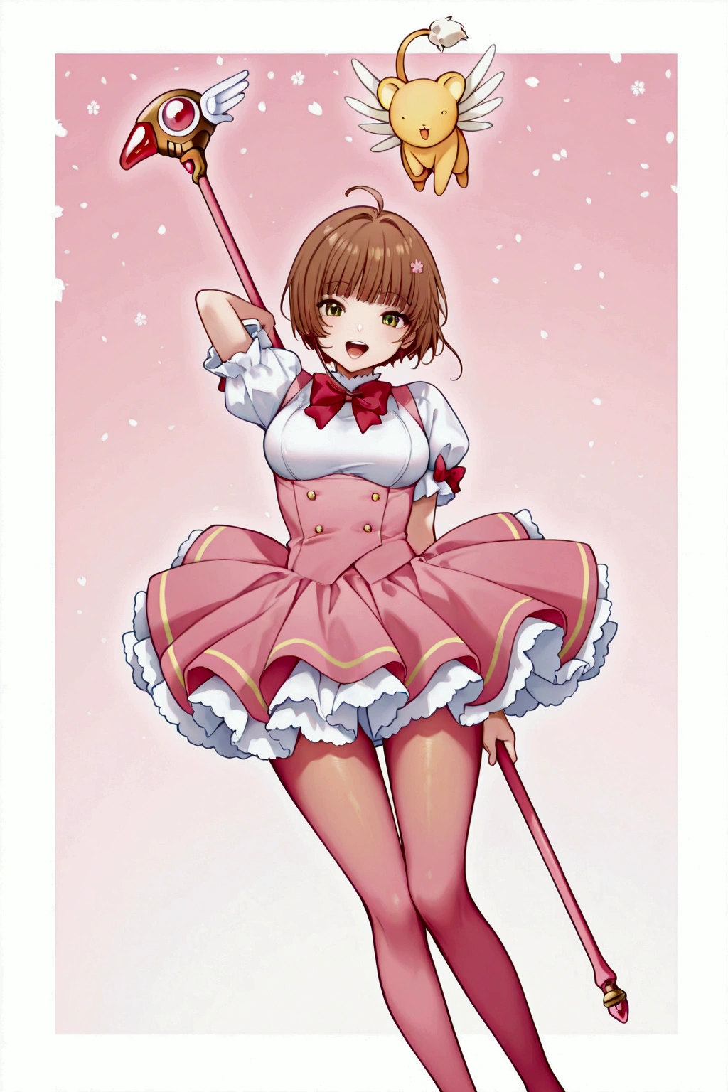 alone, girl, sakura Kinomoto from Card captor sakura, Sakura Hair cut, Sakura brown hair, smile, open mouth, teeth, sakura outfit, medium breast, perfect tights, cute outfit of sakura, skirt, Sakura staff, sitting on the staff, flying, magician clow cards floating, kero flying, dynamic pose in motion., dynamic pose, beauty, proud,perfect scene , Masterpiece, score 9, anime colors, AMERICAN SHOT, beautiful, composition, HARMONY, high quality ,beautiful