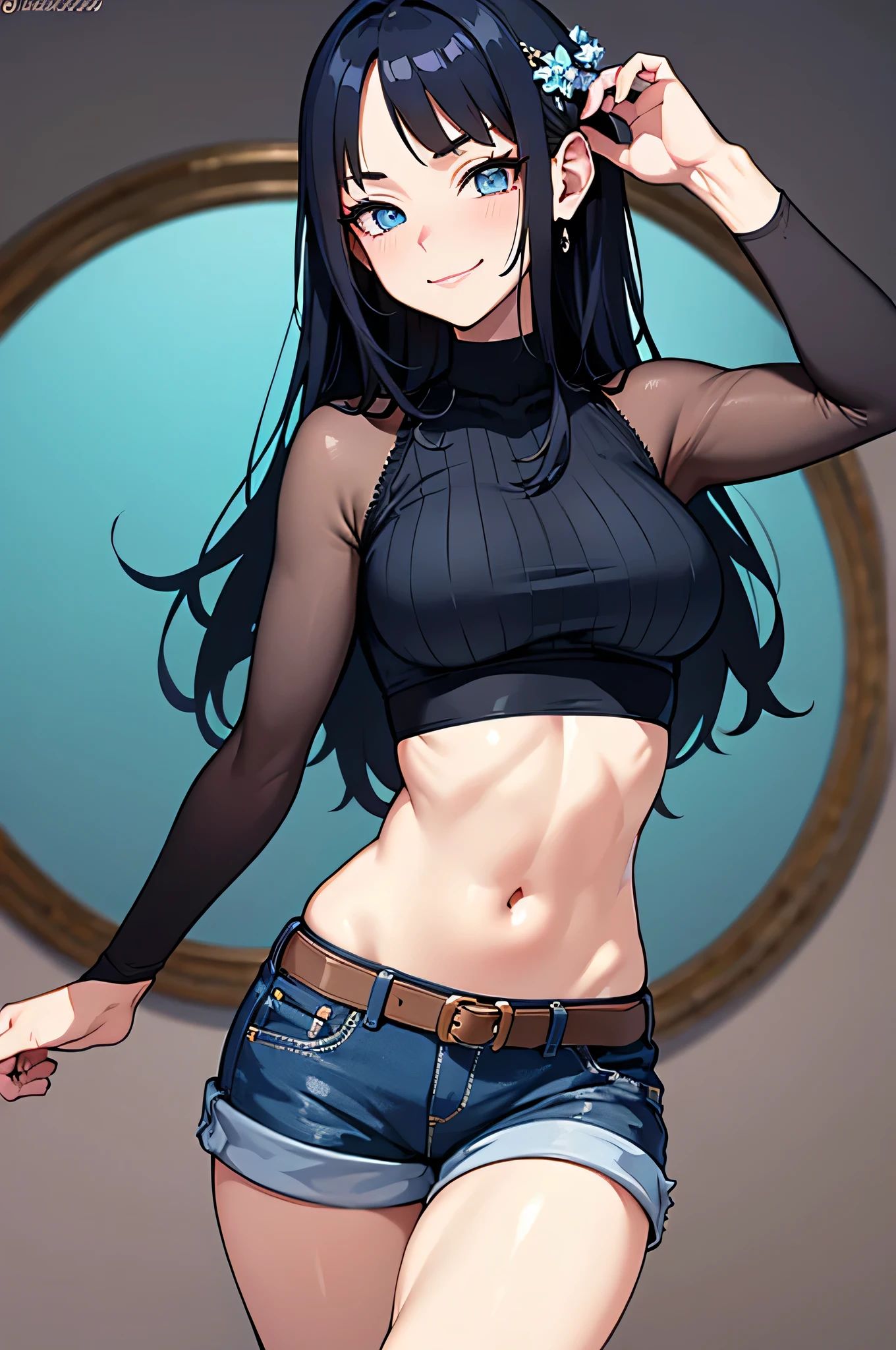 masterpiece, high quality, highly detailed, anime style) 30s, long black hair,blue eyes, fair skin, wearing croptop and shorts,beautiful curves,cute pose,smirk