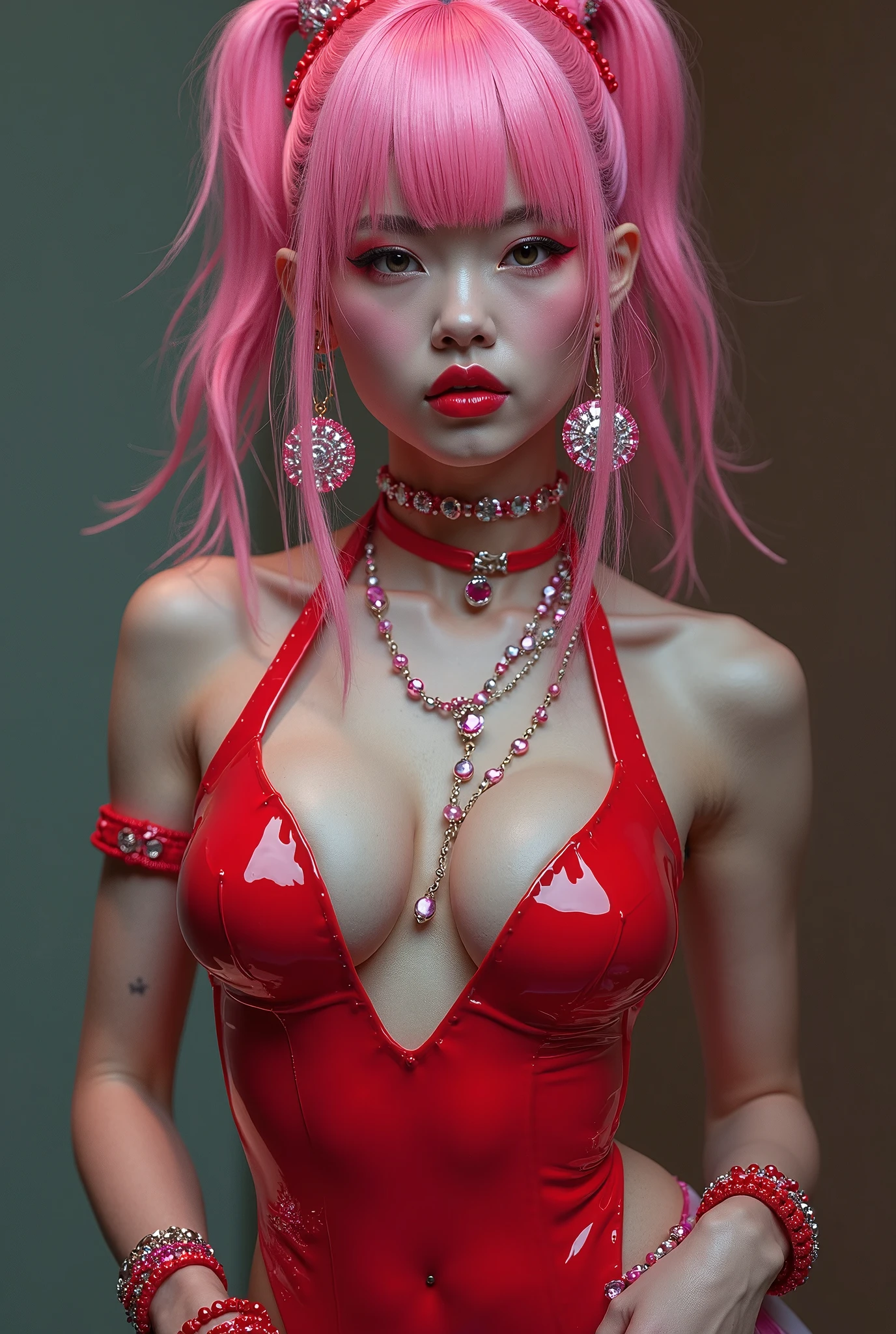Divide Ratio : 1,1,1 Base Ratio: (photorealistic Realism 32K high resolution Quality), fashion supermodel, (Glamour, paparazzi taking pictures of her), (highly detailed 32k absurd high resolution Quality), ((girl 25-year-old)) ),(best high quality real texture skin:1.3),(best quality texture hair:1.4), ((spread your legs:1.3))、BREAK,((pink hair (slicked to the side), extremely detailed:1.35)),(best high quality:1.4),(photo realistic:1. 5),(Hyperrealism:1.5),((sharp focus)),(highest resolution),((soft neon lighting on the face and body)),(perfect proportions),(anatomically correct),((perfect female body:1.5)),((firm normal full breasts:1.3)),beautiful cheekbones,((skinny body:1.4)), ((slim, muscled body:1.35)),absurd(ultra detailed eyes), finely detailed face,finely quality eyes,(tired and sleepy and satisfied:0.0),(with a digital rendering),realistic eyes,perfect round eyes,finely detailed pupils,((brown_eyes:1.3)),BREAK,detailed lips:1.3,dark_makeup:1.22, (red_lipstick:1.25),perfect dark_eyeshadows:1.35, (super detailed makeup on eyes:1.3), iridescent eyes, with professional makeup, vibrant eyes:1.2, (Detailed nose:1.2),BREAK,((Red Mini strapless one-piece swimsuit:1.22), intricate details:1.33), BREAK,makeup:1.22, exquisite balance of shadows,perfect composition,((look at the viewer)), Hasselblad, 50mm f/2.2