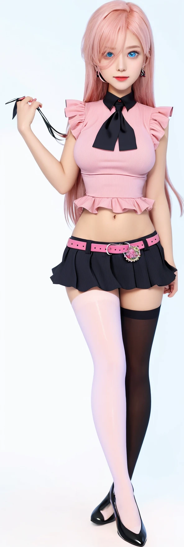 Perfect girl body、Big Body Set((1girl:(K-pop Idol))(heart)((You're on stage(Live))Angle from below:Low angle、badge、name tag、Pink ribbon、Sweating、thigh、(Pubic hair is transparent)、Camel toe、Open skirt、garter