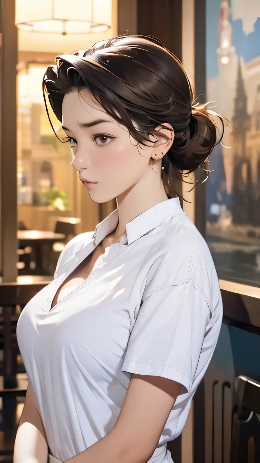 masterpiece, best quality, highest quality, perfect anatomy, highres, ultra-detailed, 8k wallpaper, texture, detail, unique, HDR, extremely detailed CG, Azuma Hisato, 1 girl, Solo, full body, standing, ponytail, brown_hair, Bangs, brown_eyes, 20yo, mature female, looking at viewer, smile, lewd face, (Beautiful,large_Breasts:1.4), (beautiful_face:1.5),(narrow_waist), office outfit, office uniform