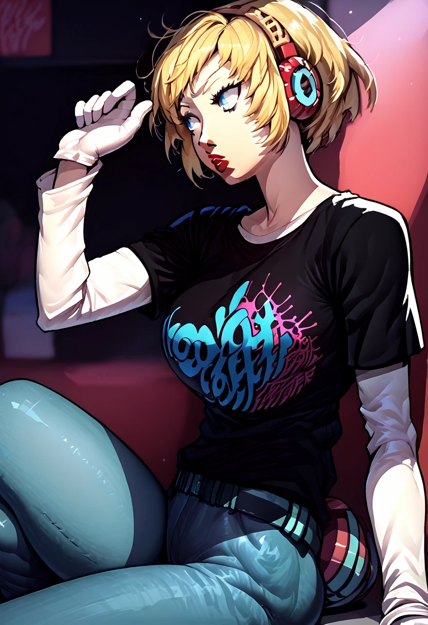 1 girl, red headphones, lipstick, black t-shirt, clothes writing, layered sleeves, large breasts, jeans, Aegis, blonde hair, blue eyes, white gloves,