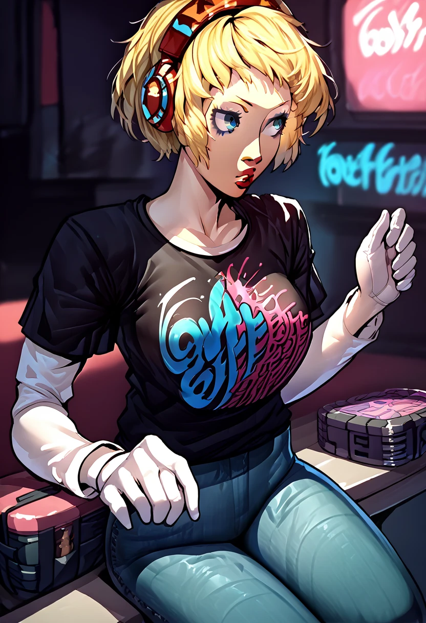 1 girl, red headphones, lipstick, black t-shirt, clothes writing, layered sleeves, large breasts, jeans, Aegis, blonde hair, blue eyes, white gloves,