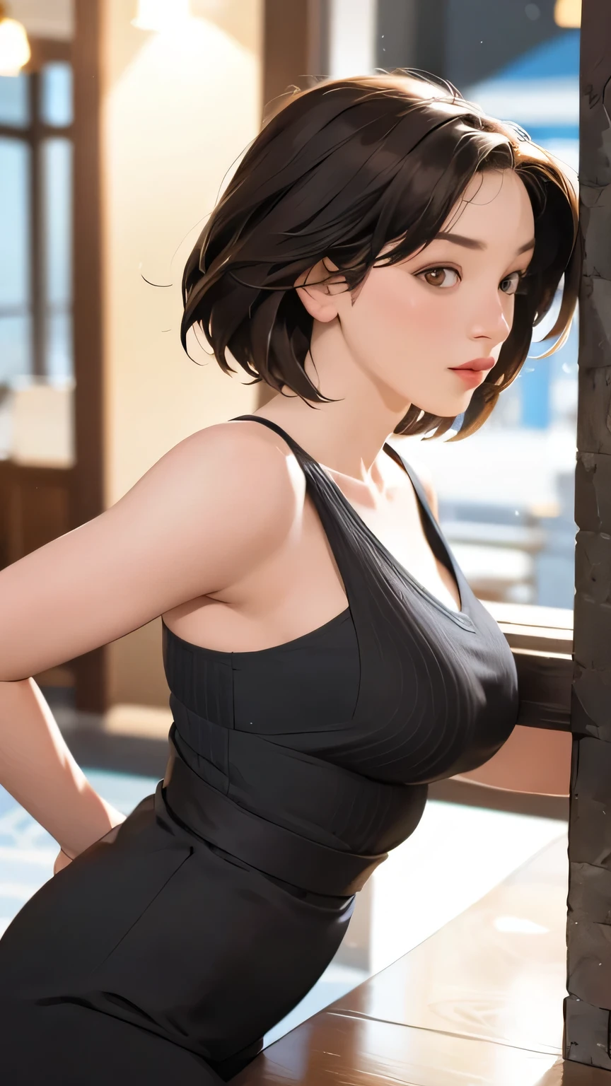 Cinematic lighting、(key light:Front diagonal 45 degrees, fill light、Backlight、shadow、blue and orange color palette), accurate human body、detailed person、Correct five-finger、RAW photo、 4K - ultra-vivid、highest quality, masterpiece, ultra high resolution, (reality: 1.4),
(((oil skin,sparkling skin、realistic skin texture、detailed beautiful skin、shiny skin、shiny skin)))、
upper body shot, camera angle is low, Depth of the bounds written, Focus on the center, fine eyes, perfect face and eyes、
brown skin、((big breasts)), short and beautiful hair、Tank top、shorts、entrance、indoor、welcome