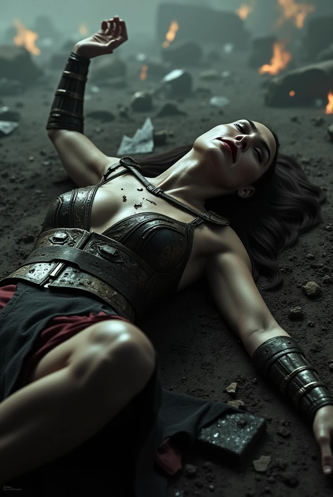 (((Fantasy world))), (((Battlefield))), (((beautiful perfect face))), (((beautiful sexy Wonder Woman))), (((25 years old))), (((beautiful sexy medium_breasts))), (((deep celevage armor))), (((torn clothes))), (((dark fantasy))), (((dark atmosphäre))), The beautiful sexy Wonder Woman lay unconscious with deeply Wounds on the ground in the middel of the Battlefield. ((pantie down, pussy)), ((gal gadot))