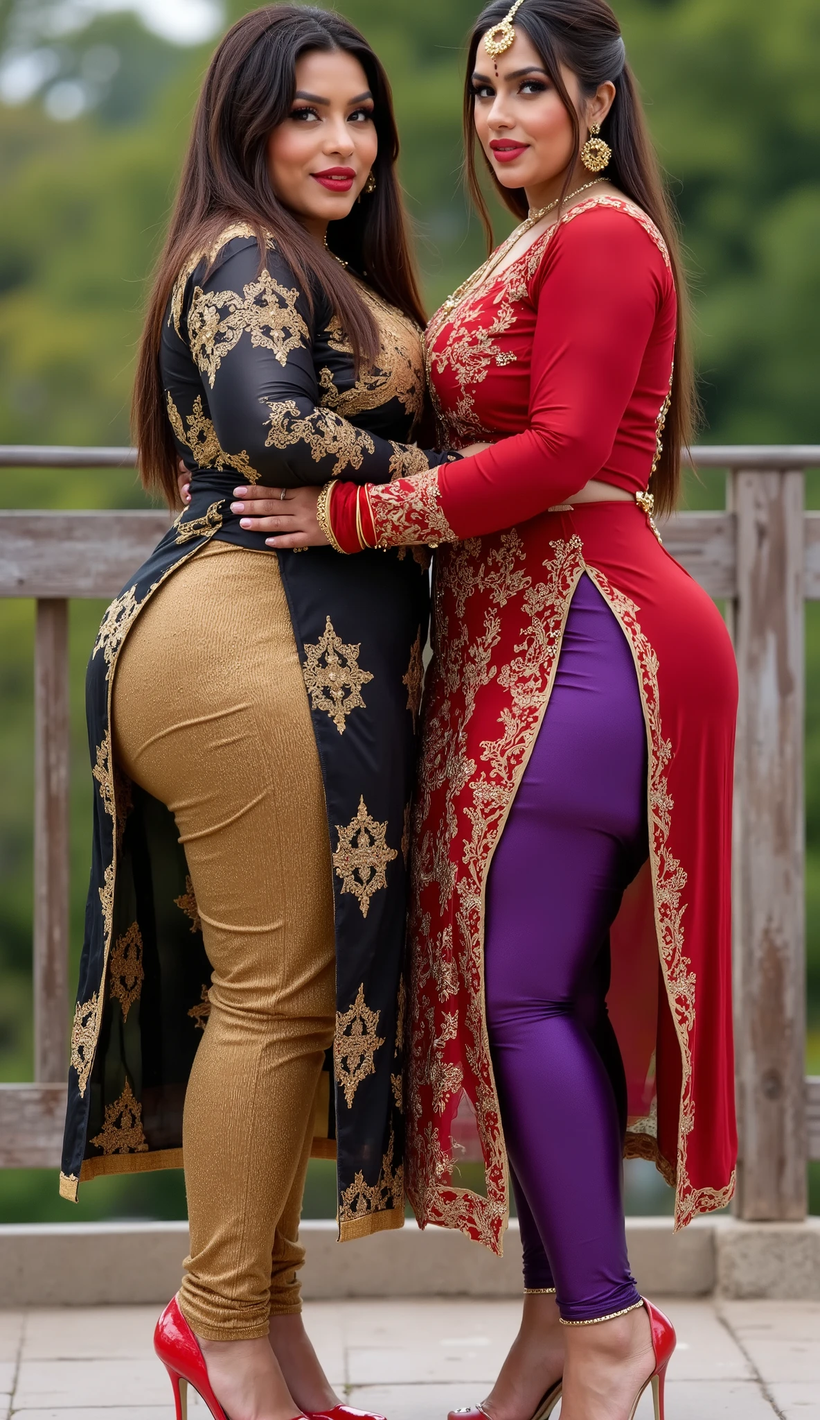 I am 40 year old plus size tall and big giant indian muslim women, looking like indian actress hansika motwani, wearing a gold amd black boarded kurti and shining reflective glossy cyan ankle length leggings and red hijab,white-skin,white skin tone, beautiful face, red lips, clean skin, celebrity face, thick leggs, round ass,bulging ass,huge breast, i am hugging another 40 plus size tall and big giant indian wife, looking like indian actress anushka shetty, wearing shining reflective glossy bronze ankle length leggings and purple golden boarded kurti, white skin tone, beautiful face, red lips, clean skin, celebrity face, thick leggs, round ass,bulging ass,huge breast,all indian ornaments like ,gold chain,gold necklace,gold ear ring with chain connect with nose ,nose stud ,auspicious thread in Necklace, Armlet, bangles,red sindur on head,women standing looking the viewer,both women have huge bulging assand wide hips,smiling happy face,red and gold stileto heels,looking straight to camera, realistic photo, looking straight to camera,full body image,wide angle shot in camera, realistic photo,a quarter back side view of women,in a ramp walk platform, judjes and people watching women in surprise, 