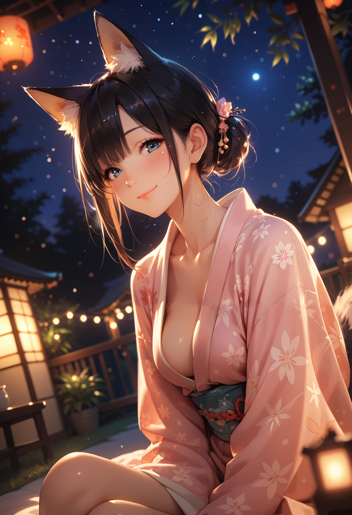 one mature neko, tanned skin, black bob hair, cat ears, black eyes, open mouth, licking, night, white sexy japanese kimono, sitting on boat, best quality, 4k, 8k, highres, masterpiece:1.2, ultra-detailed, realistic, photorealistic, photo-realistic:1.37, HDR, UHD, studio lighting, ultra-fine painting, sharp focus, physically-based rendering, extreme detail description, professional, vivid colors, bokeh