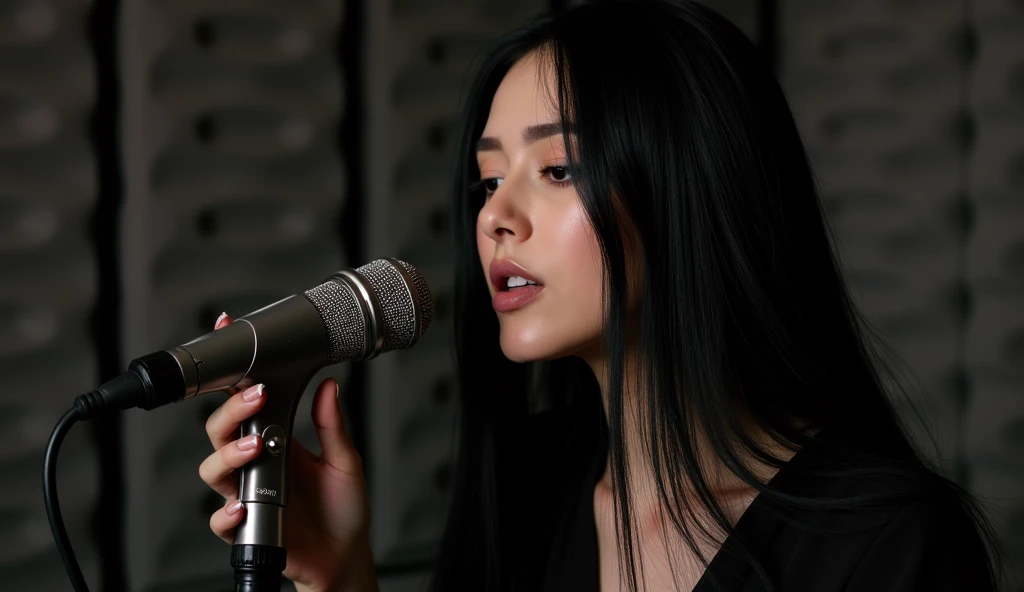  dark-haired female witch with straight hair is singing in the studio using a 、Wear a shirt、A 、 condenser microphone、 close-up view 