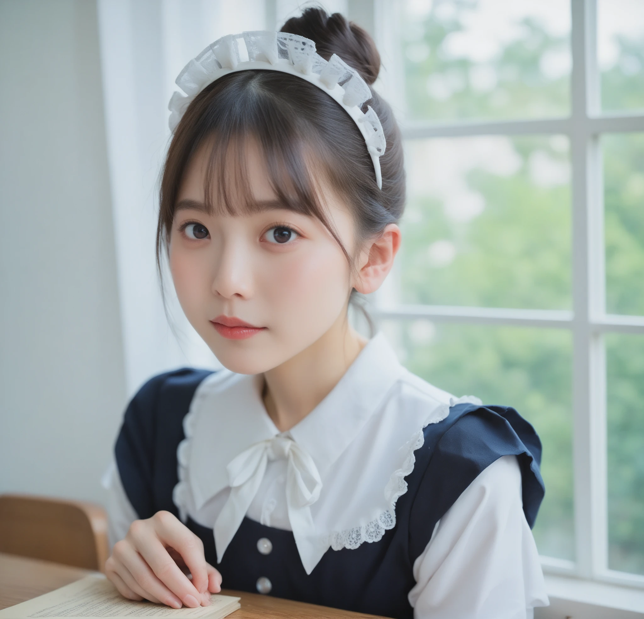  maid clothes,Junior high school students, cute girl,masterpiece, bun hair,Narrow shoulders, white skin,Thin arms,skinny