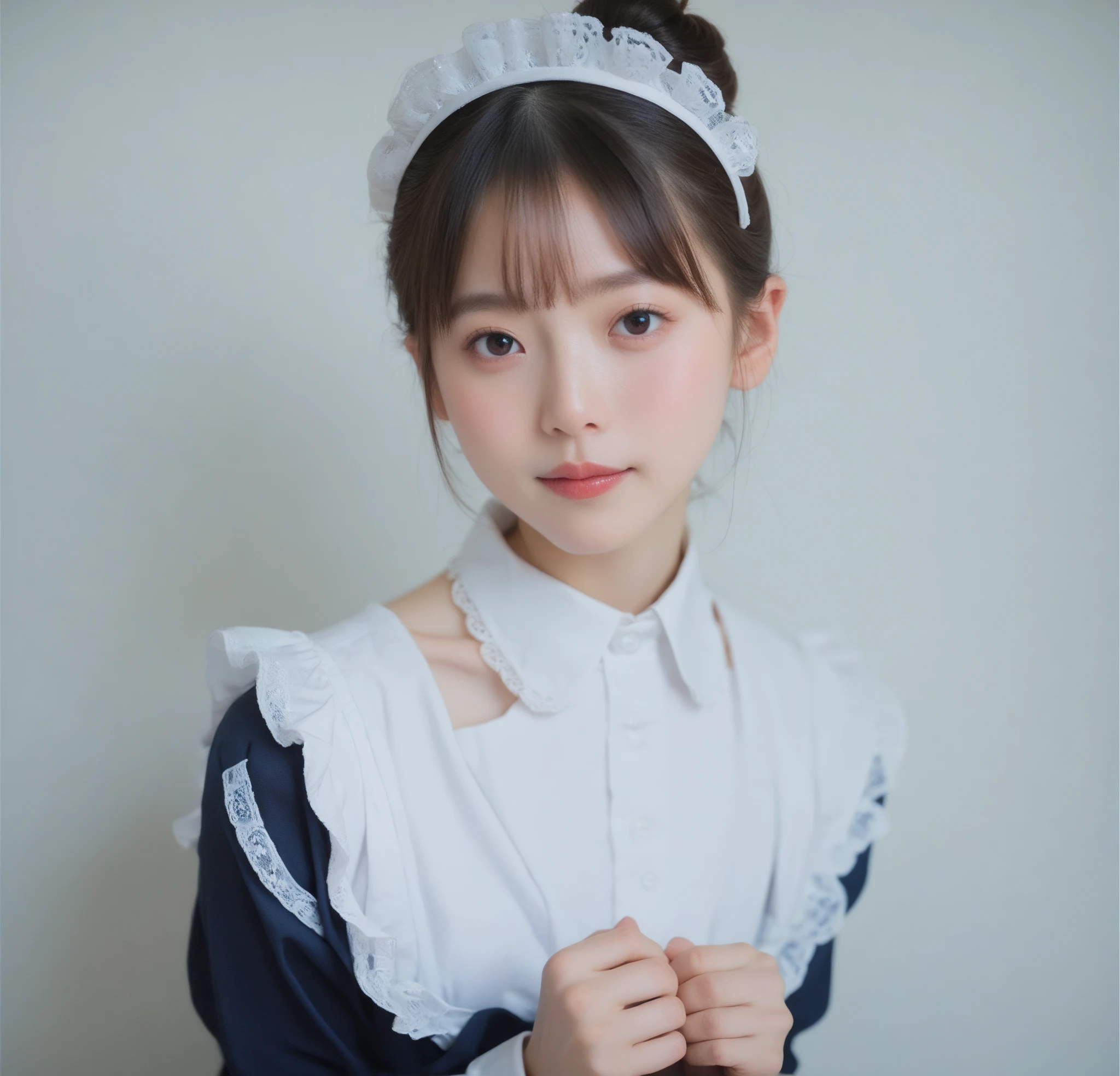  maid clothes,Junior high school students, cute girl,masterpiece, bun hair,Narrow shoulders, white skin,Thin arms,skinny