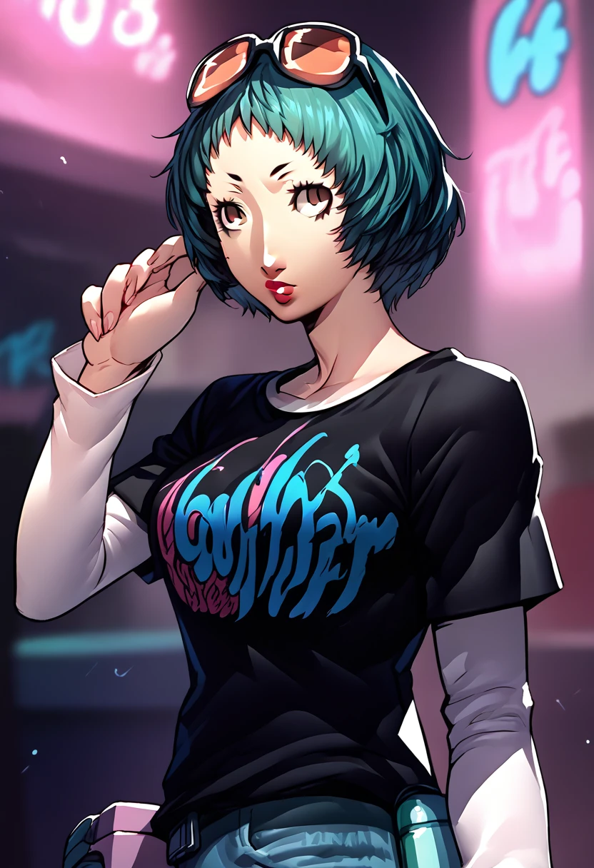 1 girl, sunglasses on head, lipstick, black t-shirt, clothes writing, layered sleeves, large breasts, jeans, Fuuka Yamahishi, teal hair, brown eyes