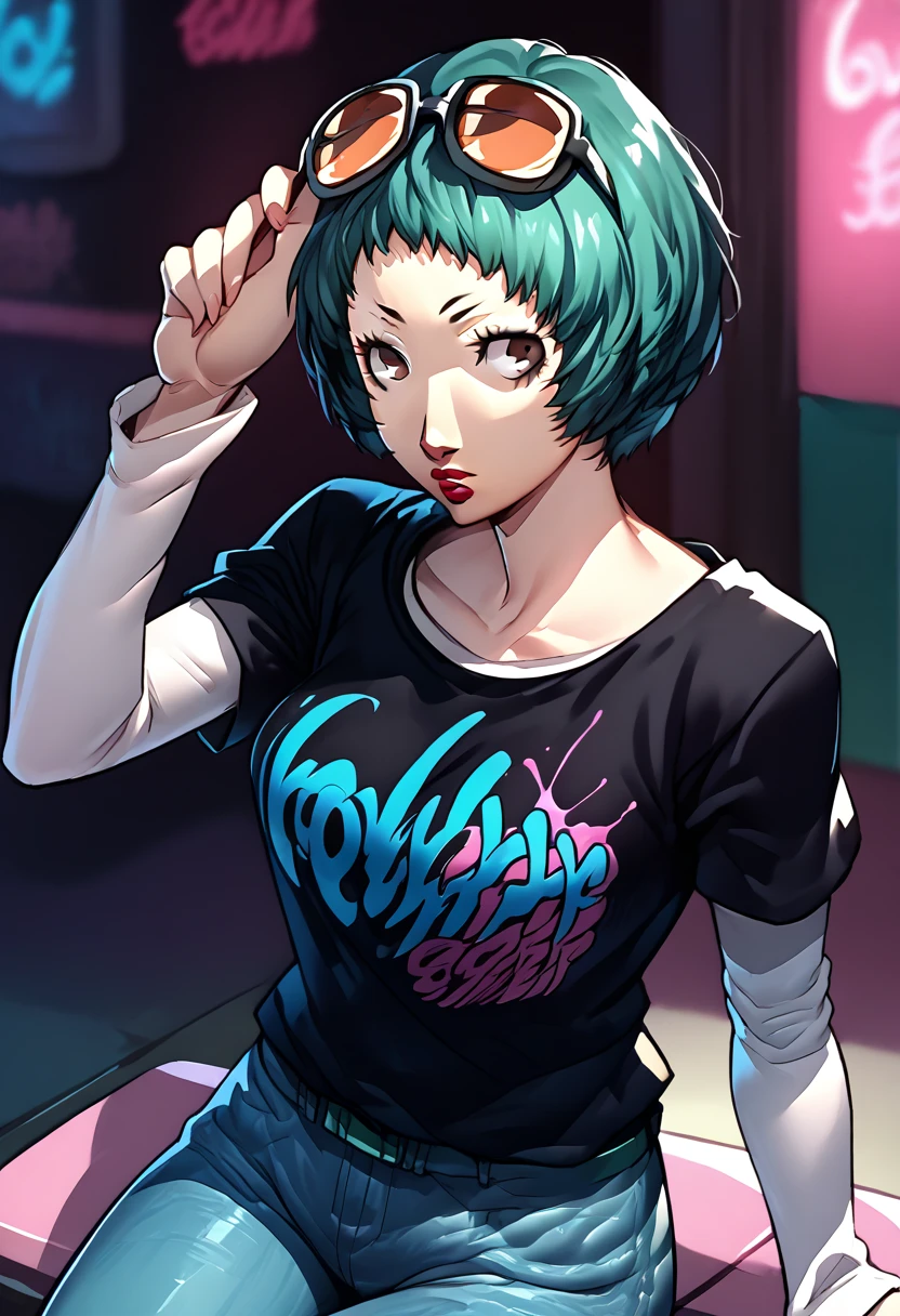 1 girl, sunglasses on head, lipstick, black t-shirt, clothes writing, layered sleeves, large breasts, jeans, Fuuka Yamahishi, teal hair, brown eyes