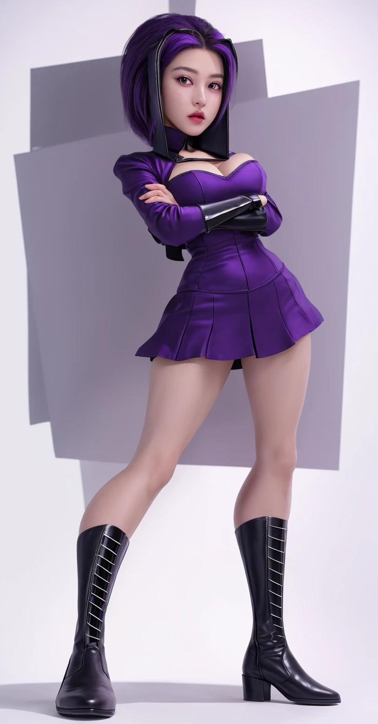 Purple short hair, plump youthful face, black police cap, red tie, purple tight low-cut dress, purple long gloves, black leather boots, strapless thighs, big breasts, blue eyes, anime style, stone prison.