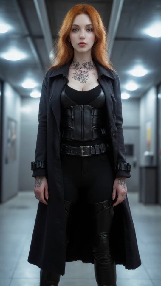 1woman, age 24, Solo, Aesthetic artwork, irish redhead, long ginger hair, commanding presence, stern glare, wavy red hair, green eyes, floral tattoo on shoulder, pale skin, sci-fi themed clothes, long black trench coat, black trousers, skin tight tactical vest over sleeveless shirt, covered abdomen, C-cup, medium breasts, fit and slim body, detailed skin texture, dynamic pose, sci fi indoors, cyberpunk themed artwork (extremely detailed 8k wallpaper), cinematic lighting, high quality, Fujifilm XT3 sharp focus, f 5.6, 50mm, High Detail, Sharp focus,(estudio light), crazy details, complex details, hyper detailed.