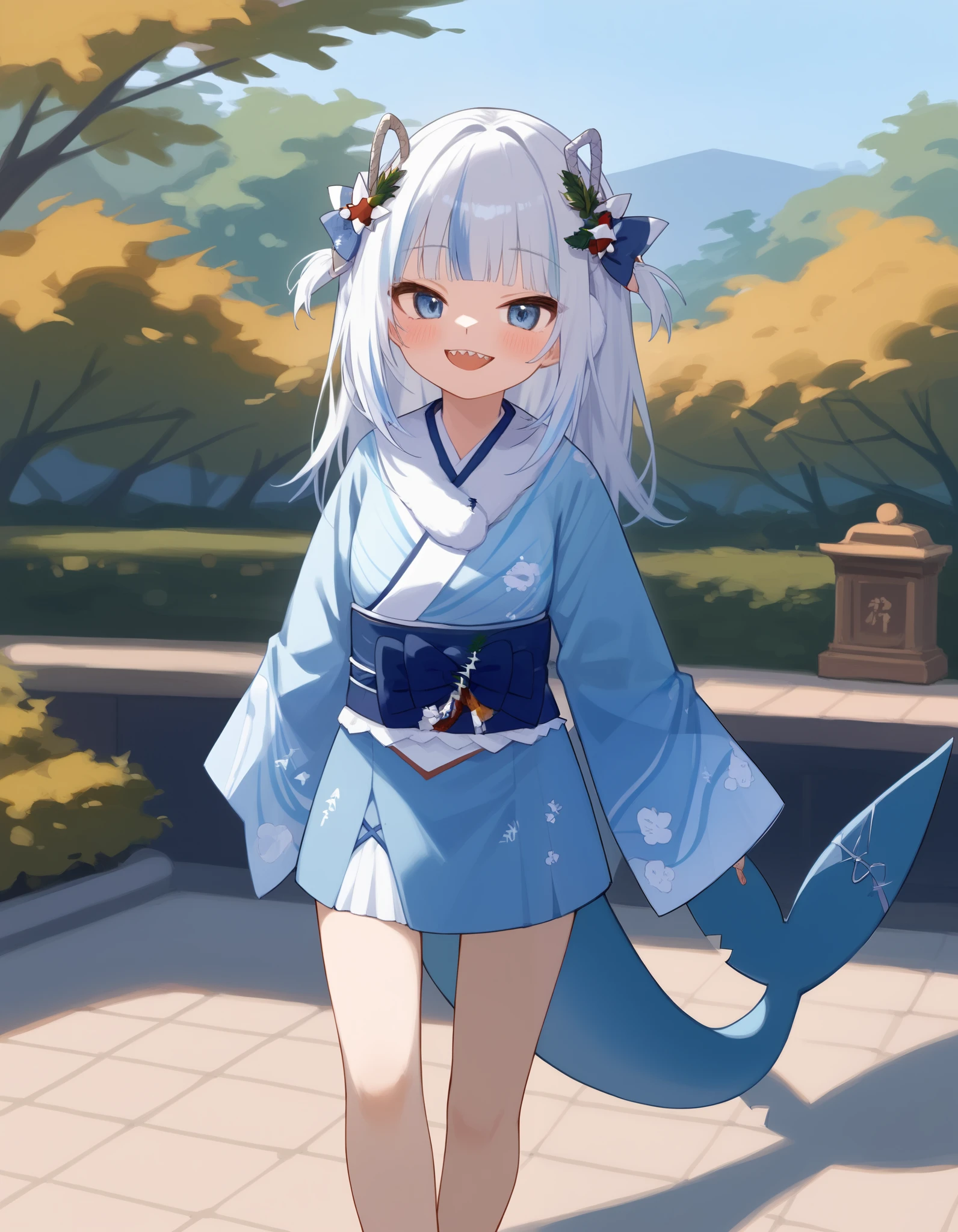 alone, score_9,score_8_up,score_7_up, anthro female, Gawr_gura, Gawr_gura, kimono, blue kimono, standing, walking, night at park, anime park, park background, seductive eyes, young character, solo, 1girl, Gawr_gura, big smile, shark teeth, sharp teeth, exposed teeth, blush, looking at viewer, white hair, gura's hair, blue eyes, shark tail, Gawr_gura tail, anime kimono.