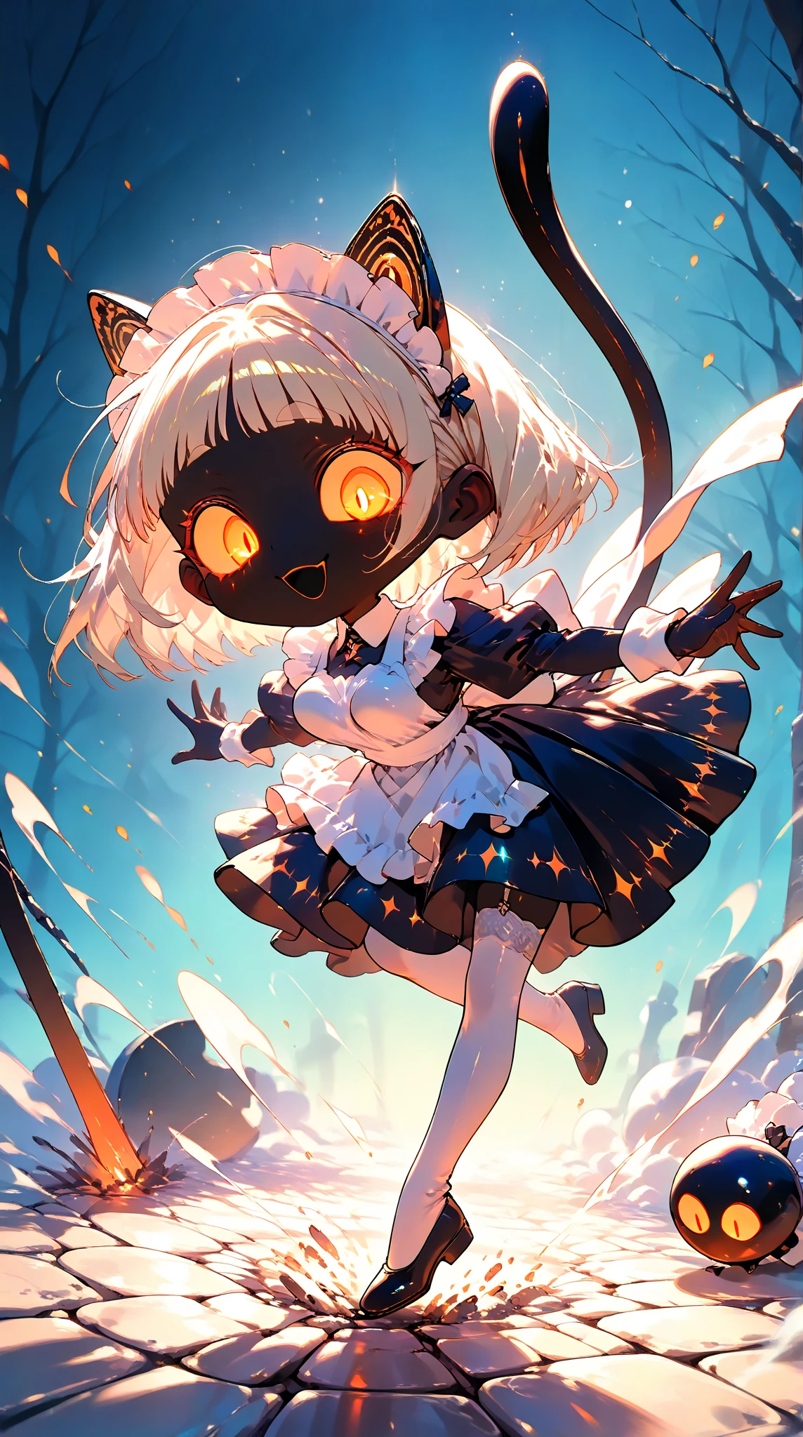 1girl\(black body ,slender, (chibi:0.5), black, black skin, (glossy:1.3) jet black skin,shiny skin, Blonde Bob,[bangs],shiny hair, (Cool beautiful eyes:1.3),big eyes,squinched eyes, cold eyes, glowing eyes, shiny glitter eyeshadow, long golden eyelash, (Narrow eyes:1.3),(black:1.3) mouth, smile,well-groomed golden eyebrows, Victorian maid costume\(Maid headband, frilled apron,black dress,white cuffs\), (white garter stockings:1.1), (Beautiful perky breast), Slim thighs:1.1, full body, gold sclera,Looking down,looking viewer, (detailed pupils:1.3),(dynamic pose:1.3),(holding cat\((black fur:1.3),[mouth:1.3]\):1.3)\). BREAK .background\(dirty underground Catacombs\),(dynamic angle:1.4)