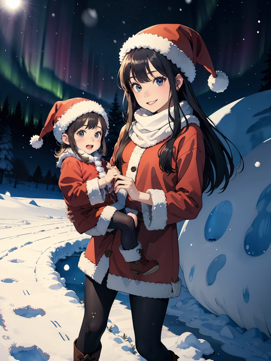     Highest Masterpieces ，  top quality，  high image quality，(   super flat  ，   flat shading  )，   fisheye lens，   Beautiful Petite Trained Young Mother and Her Cute ****** Trained Daughter:1.25，   warm scarf ，   Santa Claus costume  ， Christmas anime style costume  ，(naked)，    long hair，   boots，smile, smile， White Breath:1.2，fun, play, winter, snow, 新snow，dusk，   Beautiful Aurora ，Wide angle,    bright color , watercolor,     Ghibli style，Strong winds，   girl &#39;Lure，