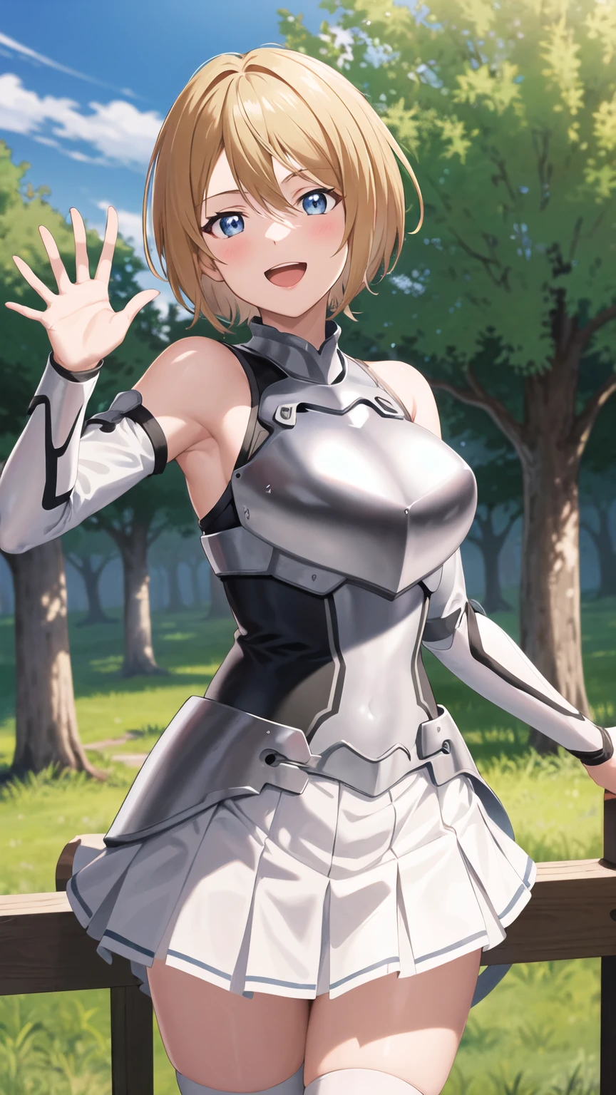 masterpiece, best quality, highres, 1girl, solo, short hair, blonde hair, blue eyes, Sword art online cosplay, bare shoulders, armor, breastplate, white sleeves, detached sleeves, red skirt, pleated skirt, white thighhighs, waving, smile, open mouth, outdoors 