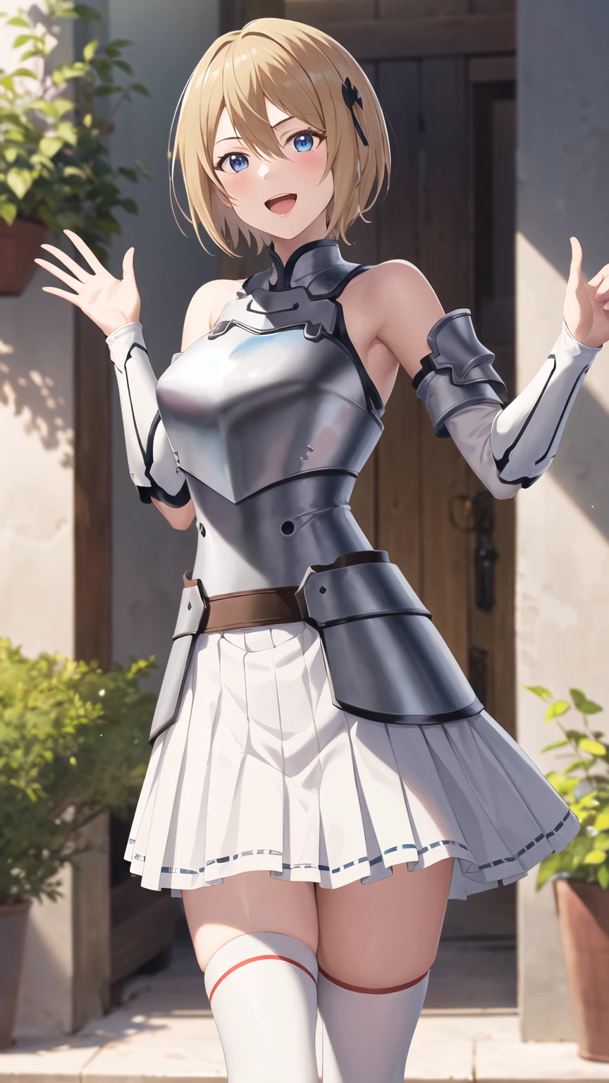 masterpiece, best quality, highres, 1girl, solo, short hair, blonde hair, blue eyes, Sword art online cosplay, bare shoulders, armor, breastplate, white sleeves, detached sleeves, red skirt, pleated skirt, white thighhighs, waving, smile, open mouth, outdoors 