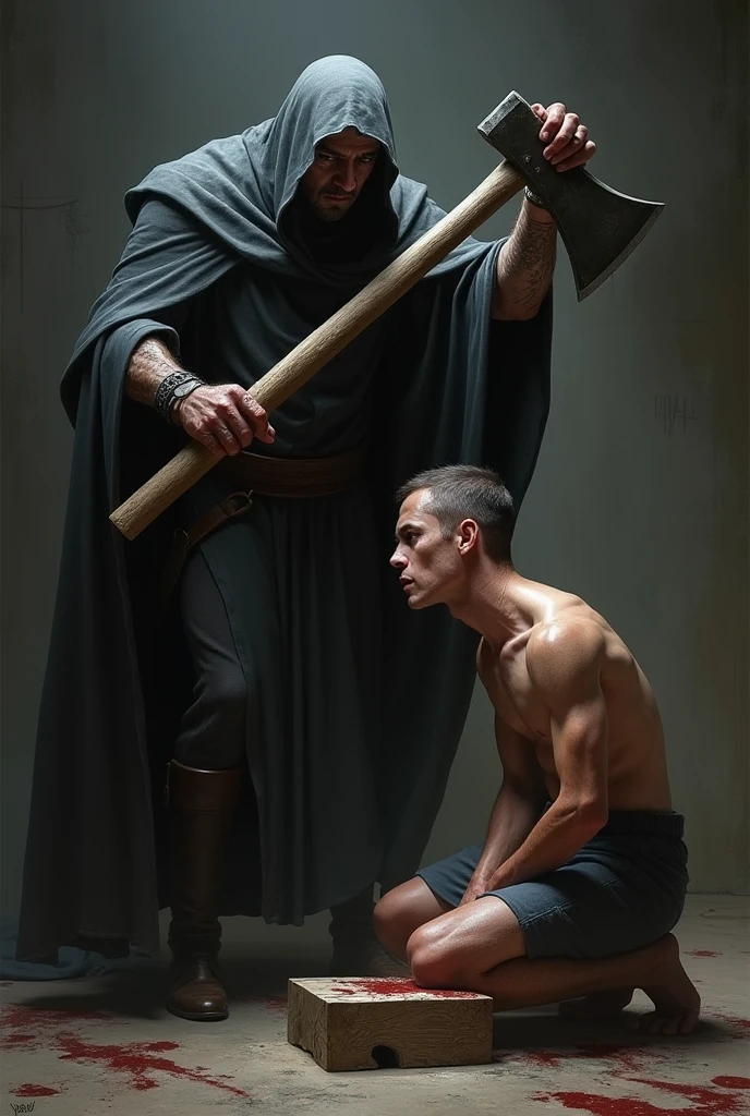Great a image of a young guy, without hands and feet, and tied up on his shoulder, and torture by his master while punching him