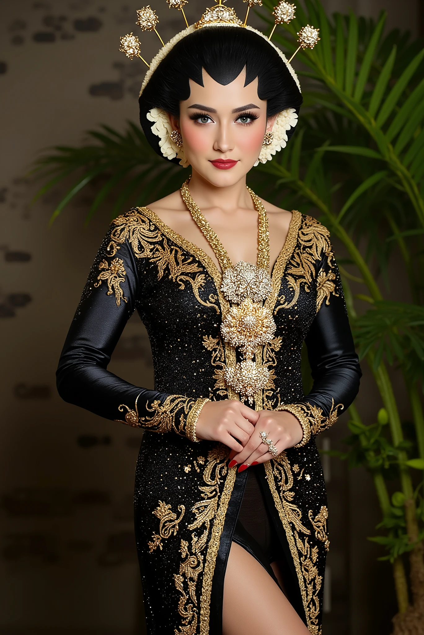 sexy javanese with absolute cleavage and thigh slit wearing glasses showing navel