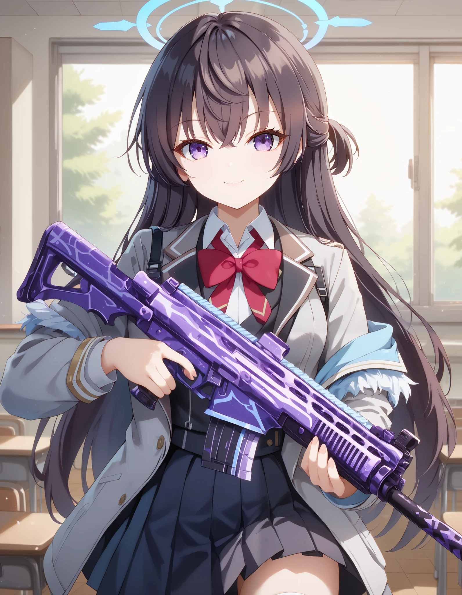 Masterpiece, hd, best quality, 1girl, yukisuou, long hair, bangs, brown hair, black hair, hair between eyes, purple eyes, half updo , medium breasts, halo, blue archive halo, shirt, bow, school uniform, jacket, closed jacket, white shirt, collared shirt,red bow tie, red bow, black vest, jacket, red bow tie, black skirt, pleated skirt, standing, indoor, classroom, looking at viewer, wearing white socks, alone, cowboy shot, holding weapon, assaultbroffle, (riffle:1.2), (weapon:1.2), smile