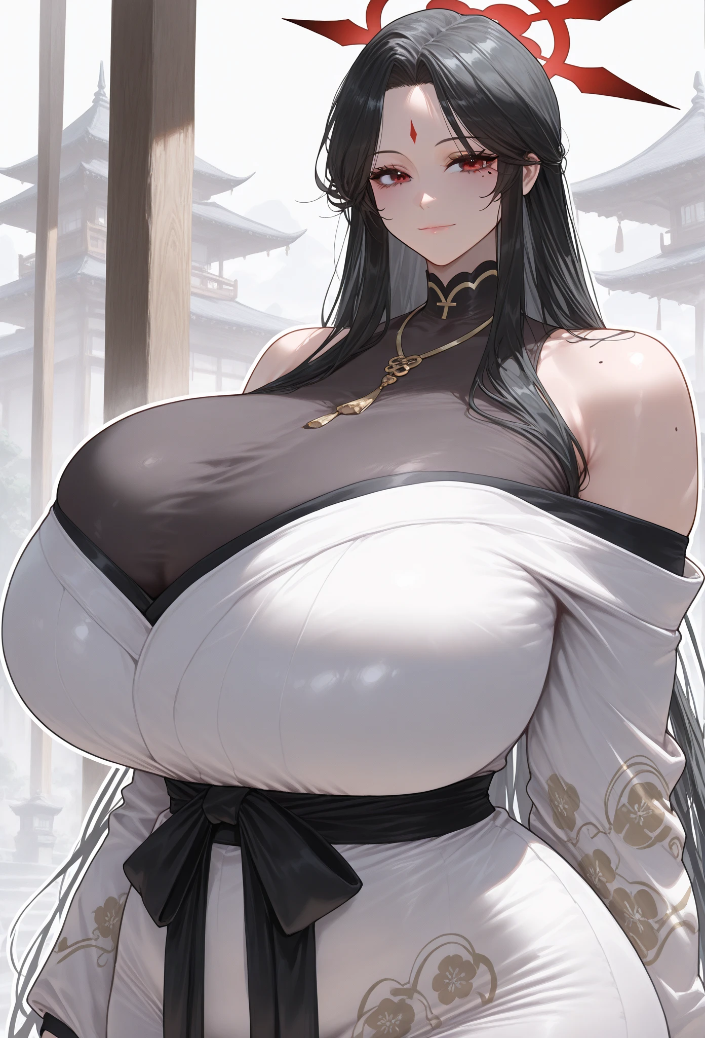 (masterpiece, high resolution, 2k resolution, best quality), (1girl, perfect anatomy, perfect face),
((black hair), long hair), (red eyes, perfect eyes),
black oriental kimono), Narrow shoulders,
((standing),
(expressionless, light smile, mole under eye),
(solo, 1girl), huge body, massive chest, mature woman, (white outline, 6px outline width)