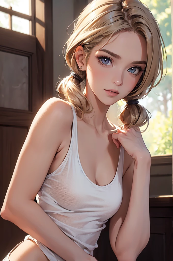 drooping eyes, realistic skin, ((round face, smiling)), various pattern thin casual dress, showing off dark pubic hair in the dark, (crouching, backlit lens flare), swollen areolas, standing and spread legs, strong sunlight, braid, blond