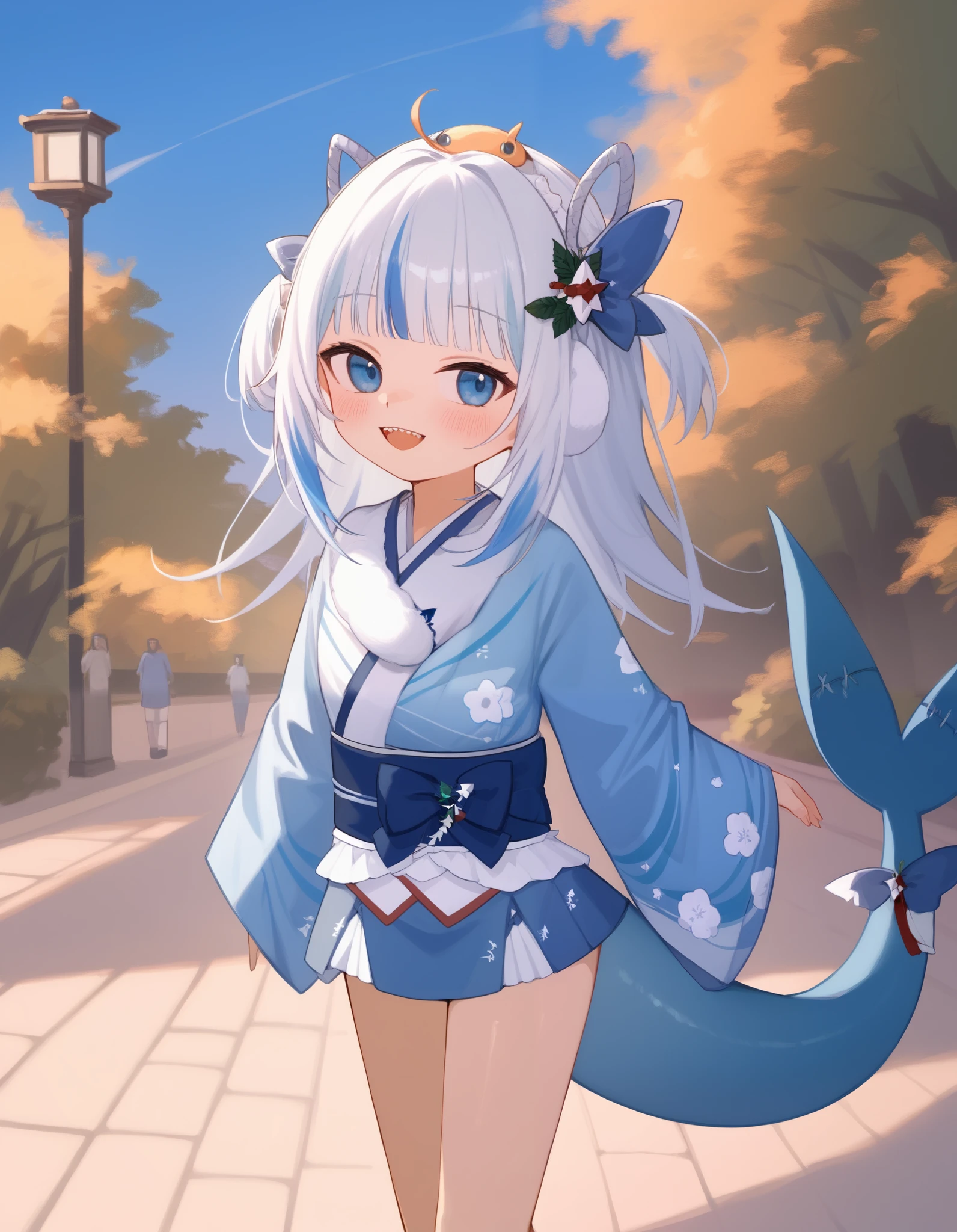 alone, score_9,score_8_up,score_7_up, anthro female, Gawr_gura, Gawr_gura, kimono, blue kimono, standing, walking, night at park, anime park, park background, seductive eyes, young character, solo, 1girl, Gawr_gura, big smile, shark teeth, sharp teeth, exposed teeth, blush, looking at viewer, white hair, gura's hair, blue eyes, shark tail, Gawr_gura tail, anime kimono.