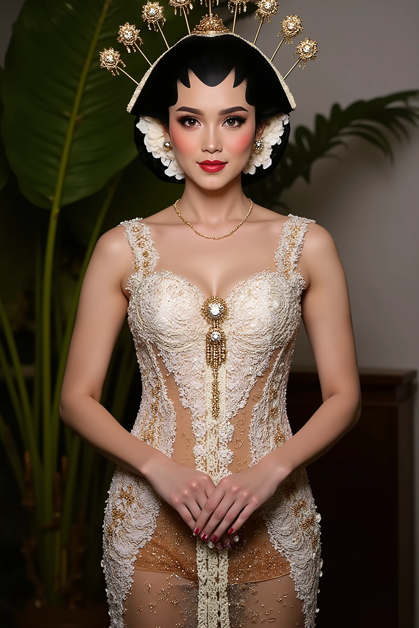 sexy javanese with absolute cleavage and thigh slit wearing glasses showing navel