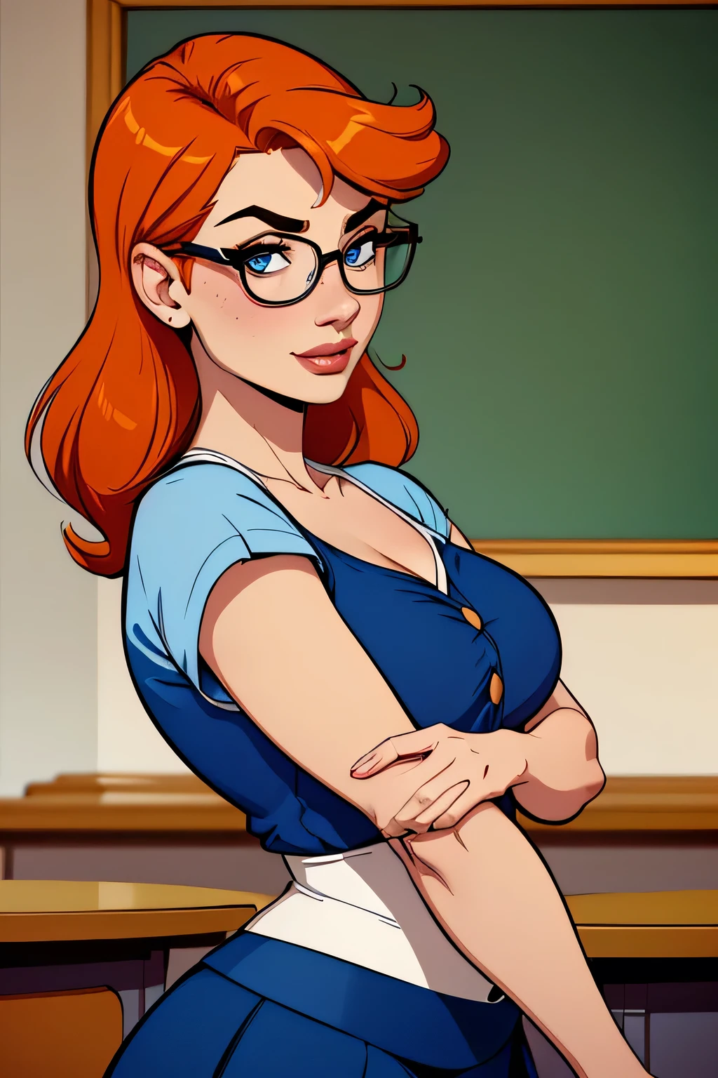 ( absurd, high quality, Ultra Delicate, be careful with your hand) Close-up of a thin and curvaceous woman , athletic, 25 years, 8k ( high definition ), beautiful smile, seductive look, Blue Eyes, nose fine, teacher wearing blue dress shirt ((V-neck, buttons, short sleeves )), discreet skirt belt , herself wearing glasses , arms positioned on the sides of the body, white skin , orange hair ((far away, loose and smooth )), standing ((Close on the upper body )), with freckles on your chest and neck , (( big round breasts)). Marvel style (( high quality)), classroom in the background.