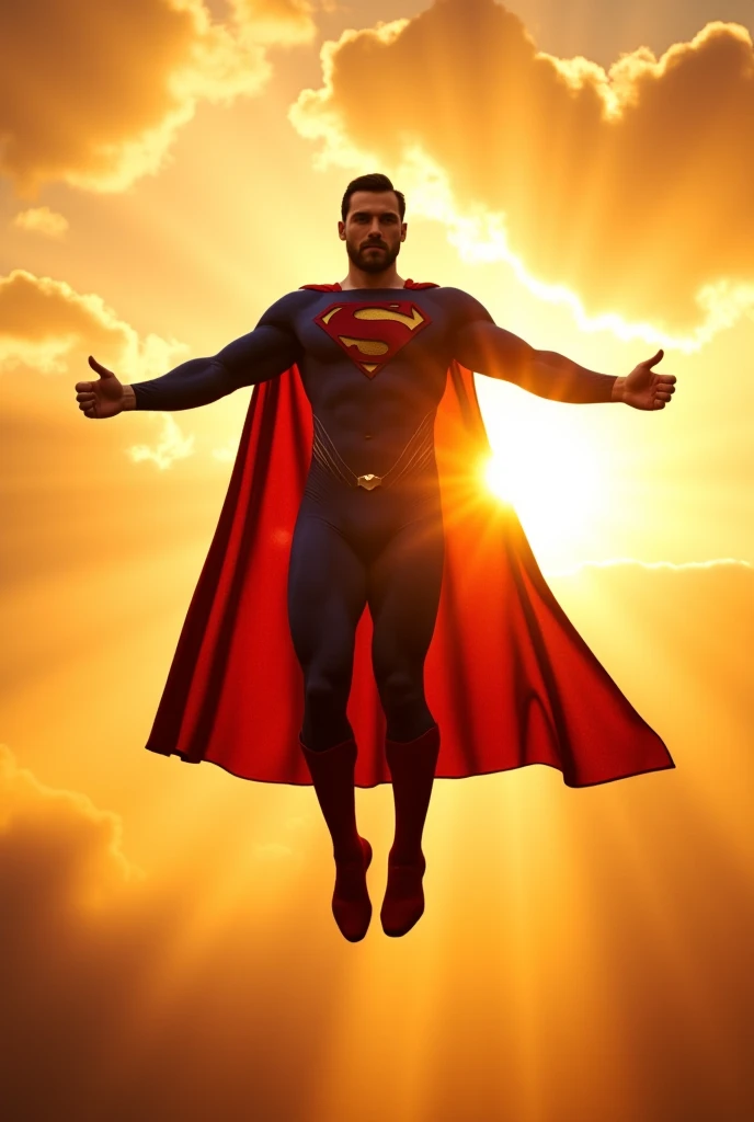 hamanv1, with an undercut haircut combed back, short beard, dressed in a clasic blue Superman costume, superhero boots, he is floating in the air, superman pose, superman, superman costume, superman is high, super high resolution, superhero body, superman emerging from the sun, Cody Christian as superman,