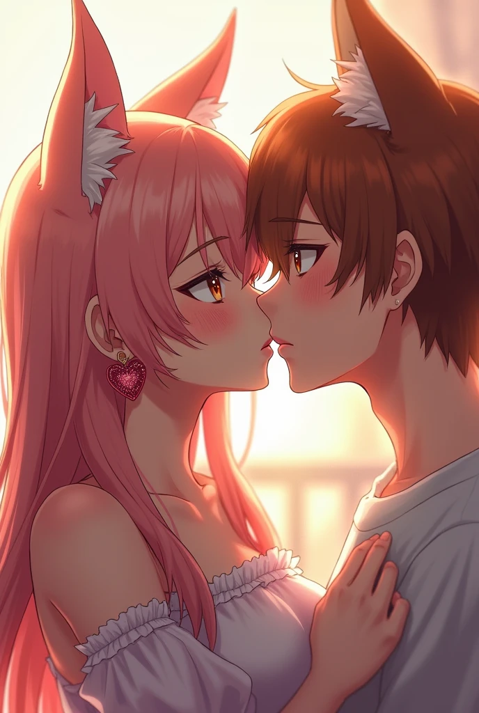Realistic picture,Japanese woman,Age 20,short pink bob,There are fox ears.,Wear thin white pajamas.,not wearing underwear,Passionately kissing a Thai guy wearing glasses.