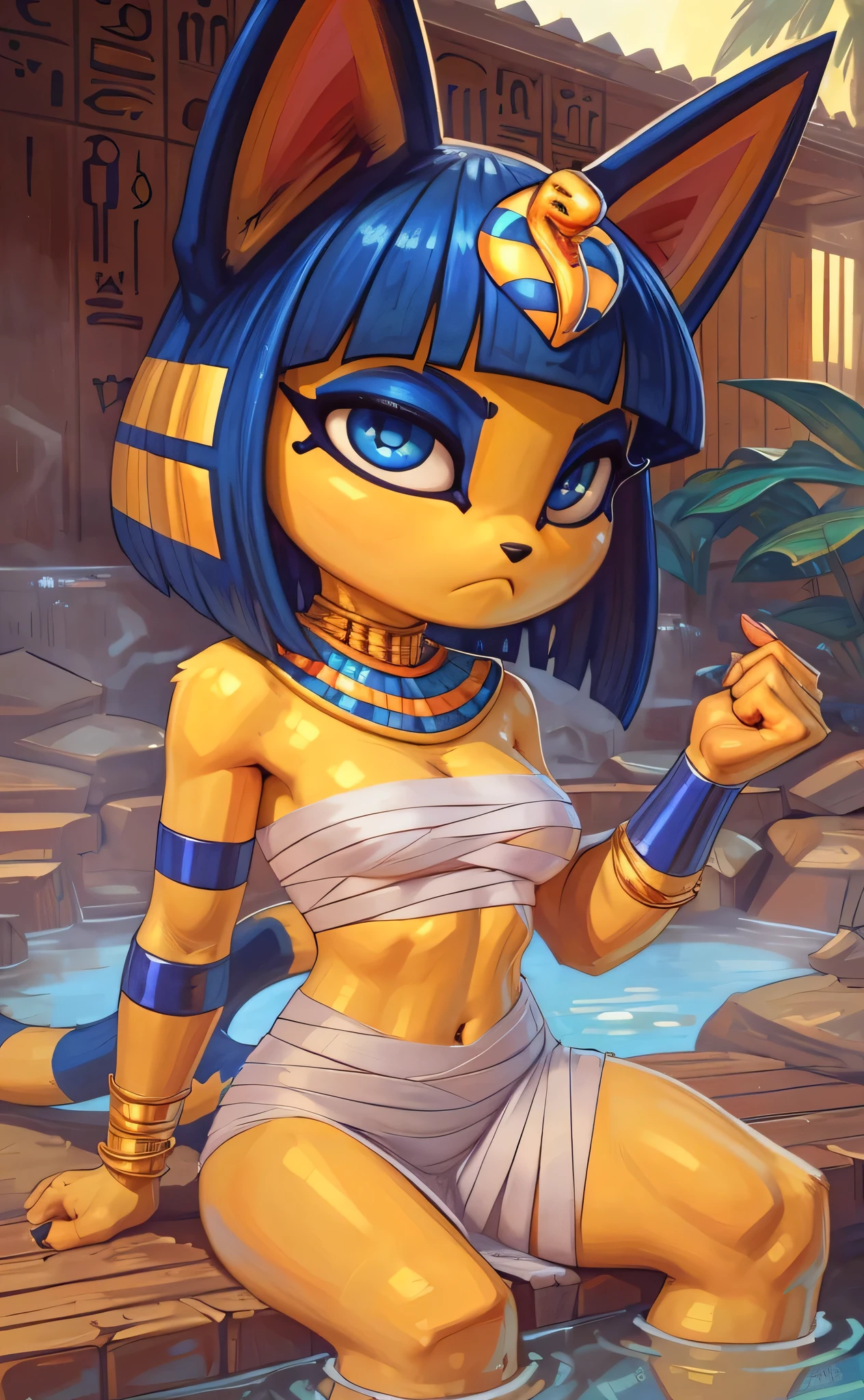 Ankha from animal crossing, anthro, beautiful girl, full body, attractive body, slim beautiful body, attractive beautiful face, small chest, ultra hd, hdr, intricate detail, masterpiece, 8k, nsfw, in the style of tsampikos, high saturation, glowing colors, classic outfi, tits out, chibi, short, flat chest. Tiny boobs, white see-through dress