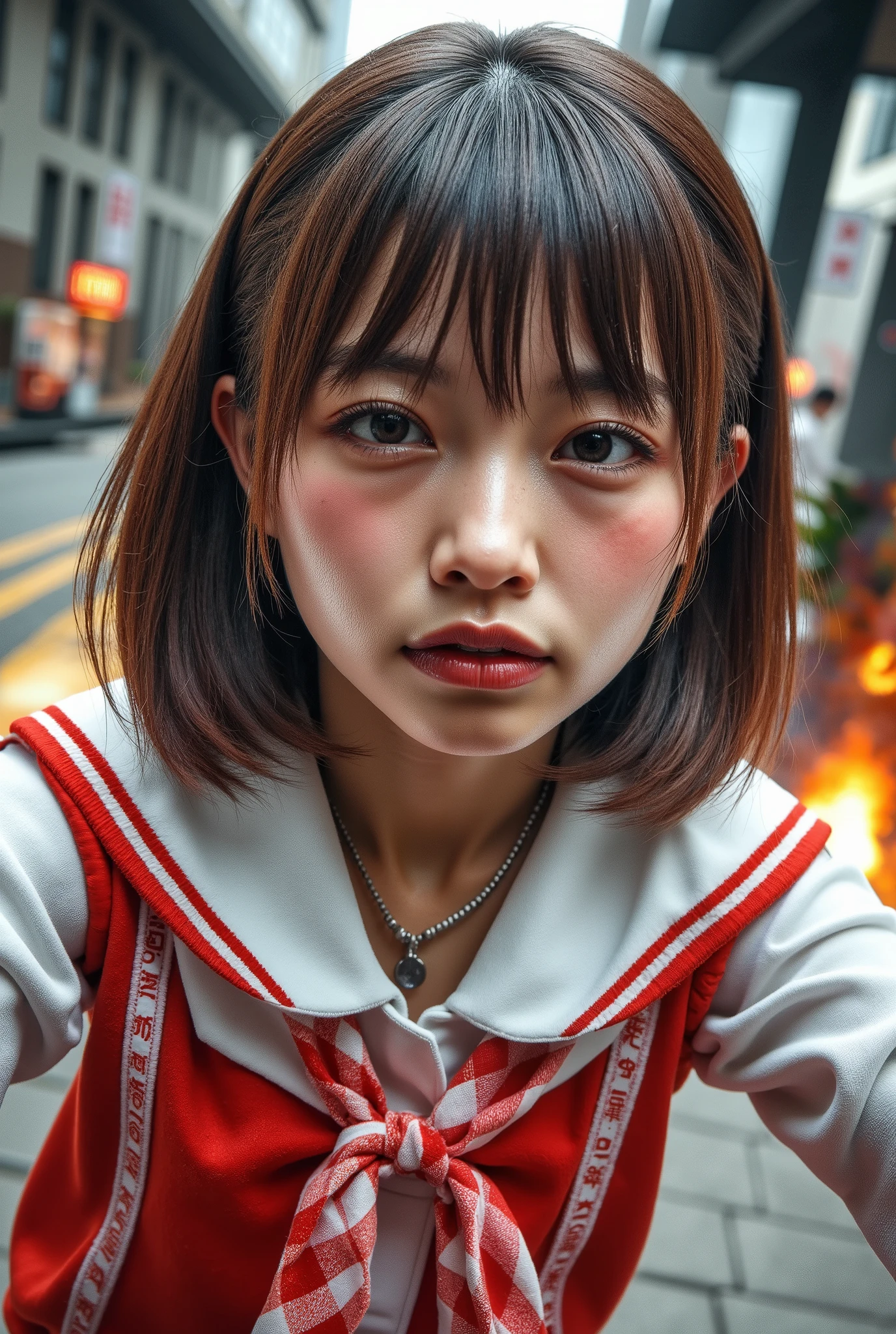 super real , photorealistic, Dramatic Scene , shadow, Global Illumination, Alone, A very beautiful Japanese woman, SHE'S A HIGH SCHOOL , City, very pretty and very cute naughty face,Round face、Medium build、Trendy makeup、 wearing a high school sailor uniform , smile