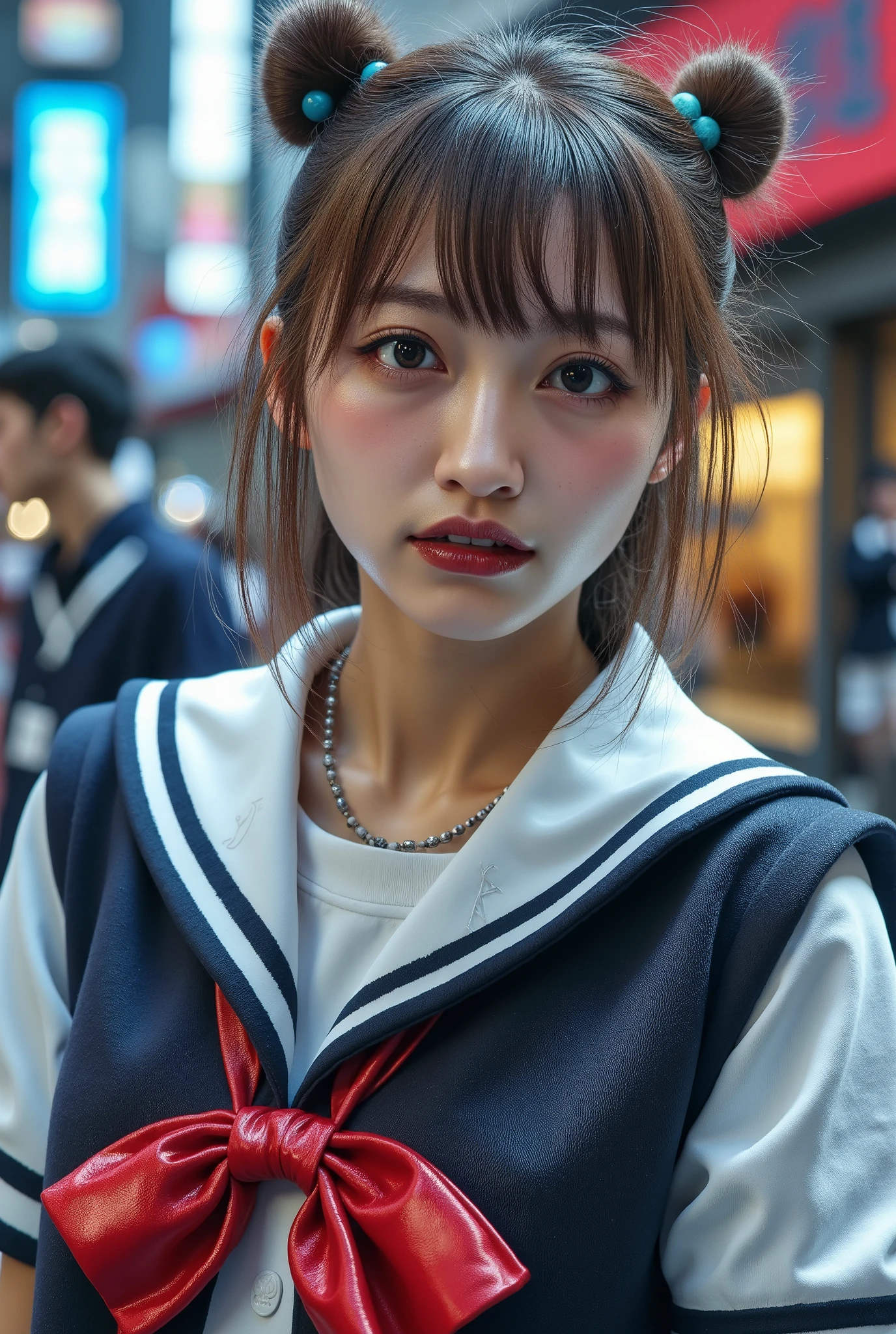 super real , photorealistic, Dramatic Scene , shadow, Global Illumination, Alone, A very beautiful Japanese woman, SHE'S A HIGH SCHOOL , City, very pretty and very cute naughty face,Round face、Medium build、Trendy makeup、 wearing a high school sailor uniform , smile