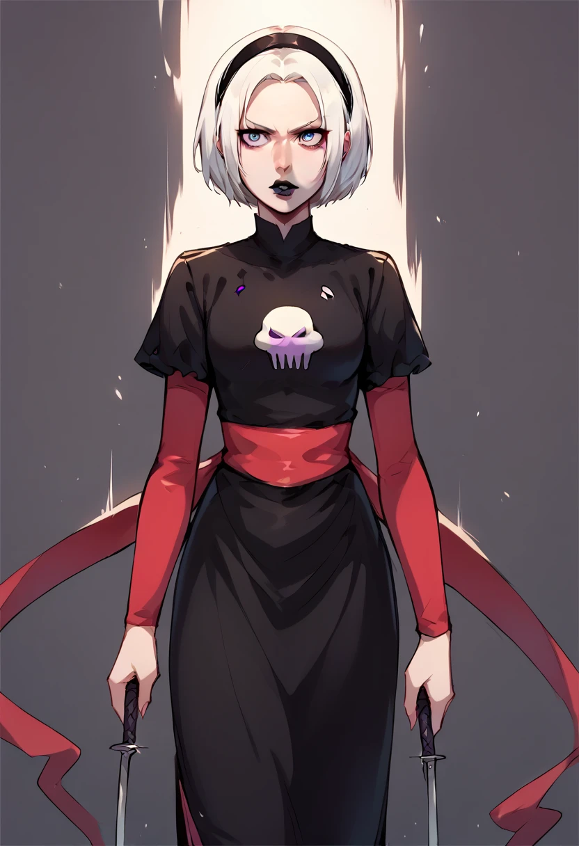 core_9, score_8_up, score_7_up, score_6_up, score_5_up, score_4_up,  1girl, white hair, black hairband, black lips, purple eyes, shirt print, rosedress, shirt print, Edelgard, short hair, dress, black dress, sash, makeup, bob cut, knife, lipstick, skull, BREAK source_anime