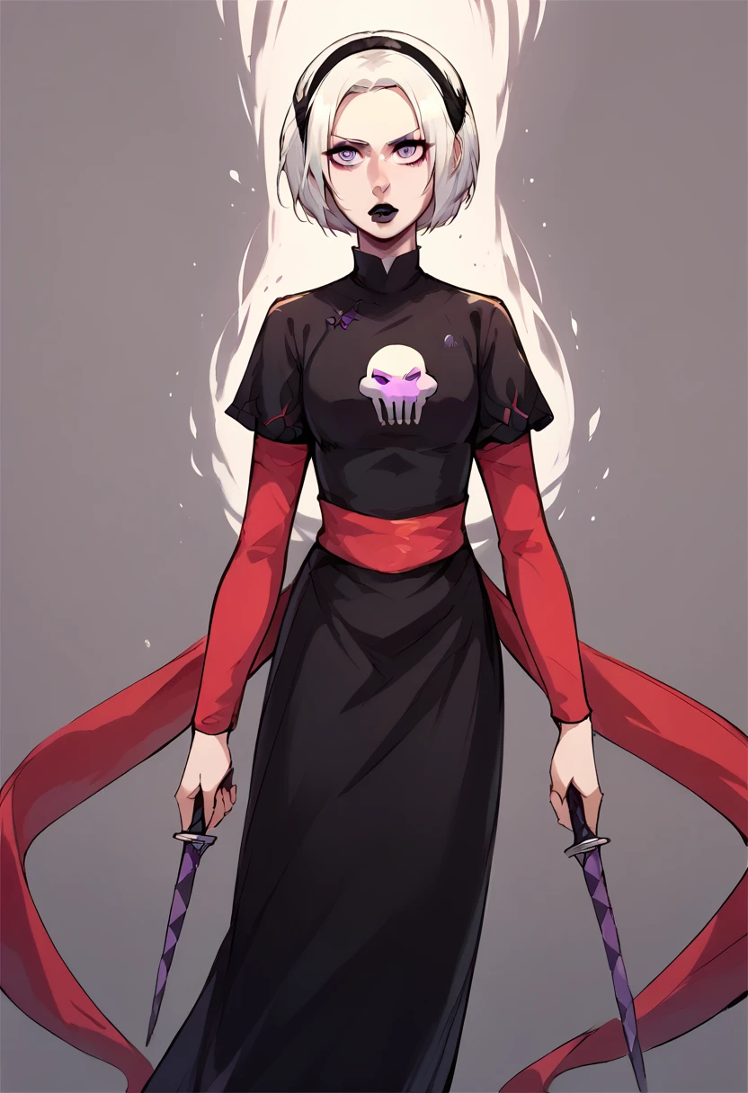 core_9, score_8_up, score_7_up, score_6_up, score_5_up, score_4_up,  1girl, white hair, black hairband, black lips, purple eyes, shirt print, rosedress, shirt print, Edelgard, short hair, dress, black dress, sash, makeup, bob cut, knife, lipstick, skull, BREAK source_anime