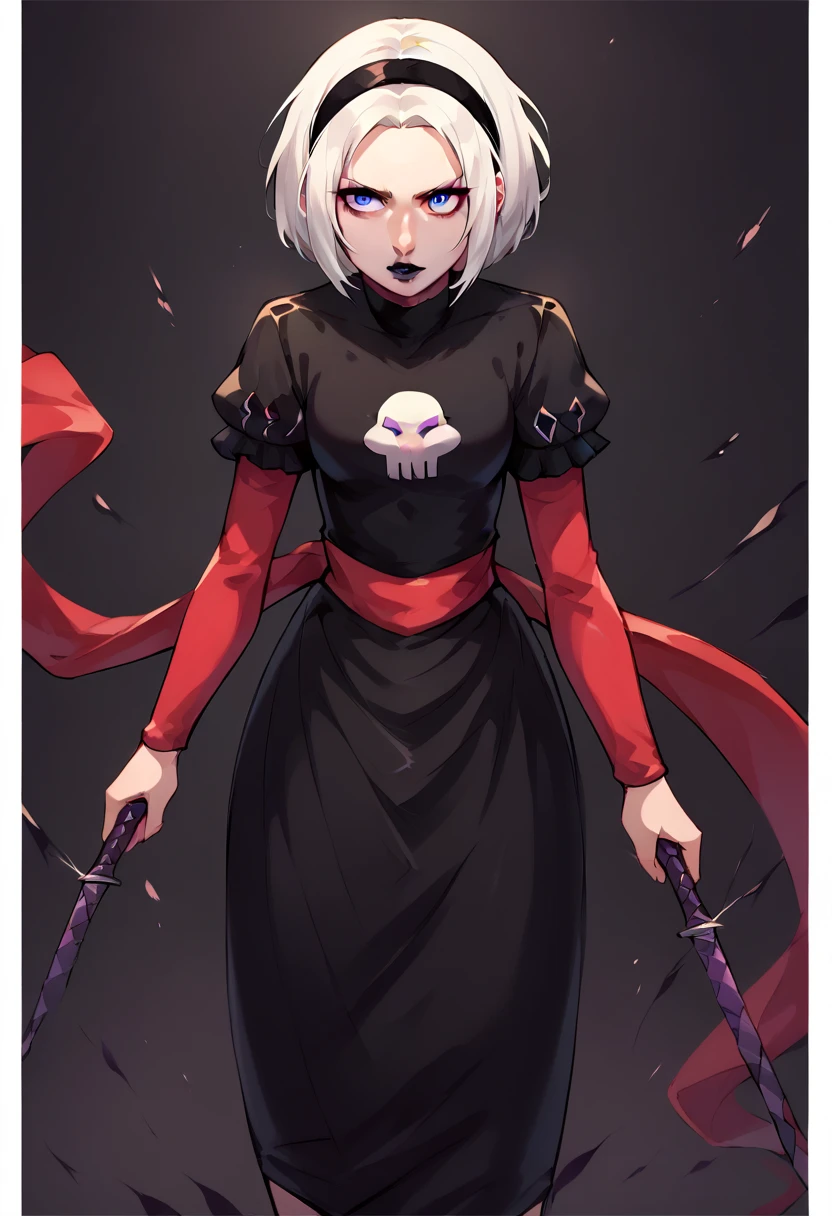 core_9, score_8_up, score_7_up, score_6_up, score_5_up, score_4_up,  1girl, white hair, black hairband, black lips, purple eyes, shirt print, rosedress, shirt print, Edelgard, short hair, dress, black dress, sash, makeup, bob cut, knife, lipstick, skull, BREAK source_anime