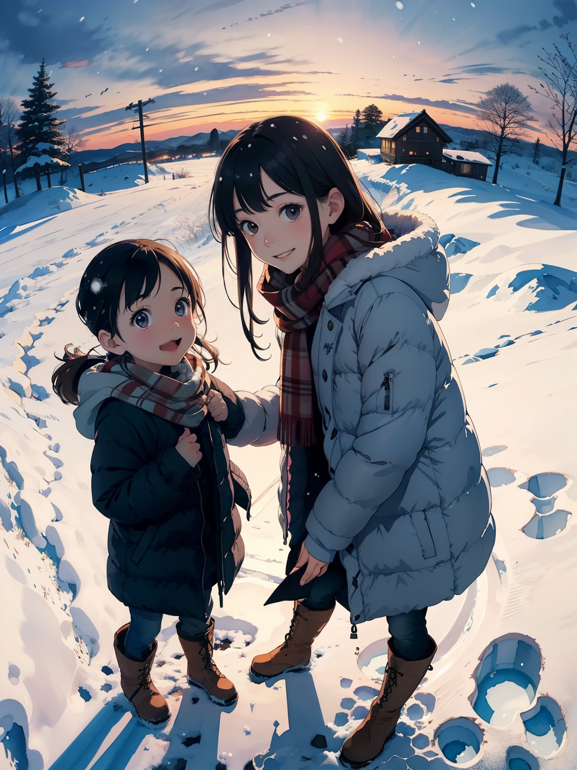     Highest Masterpieces ，  top quality，  high image quality，(   super flat  ，   flat shading  )，   fisheye lens，  Beautiful petite and well-trained young mother and her cute little training daughter:1.25，   warm scarf ， Down Jacket，(naked)， long hair，   boots，smile, smile， White Breath:1.2，fun, play, winter, snow, 新snow，At dusk，Beautiful sunset，Wide angle,    bright color , watercolor,     Ghibli style，Strong winds，   girl &#39;Lure，