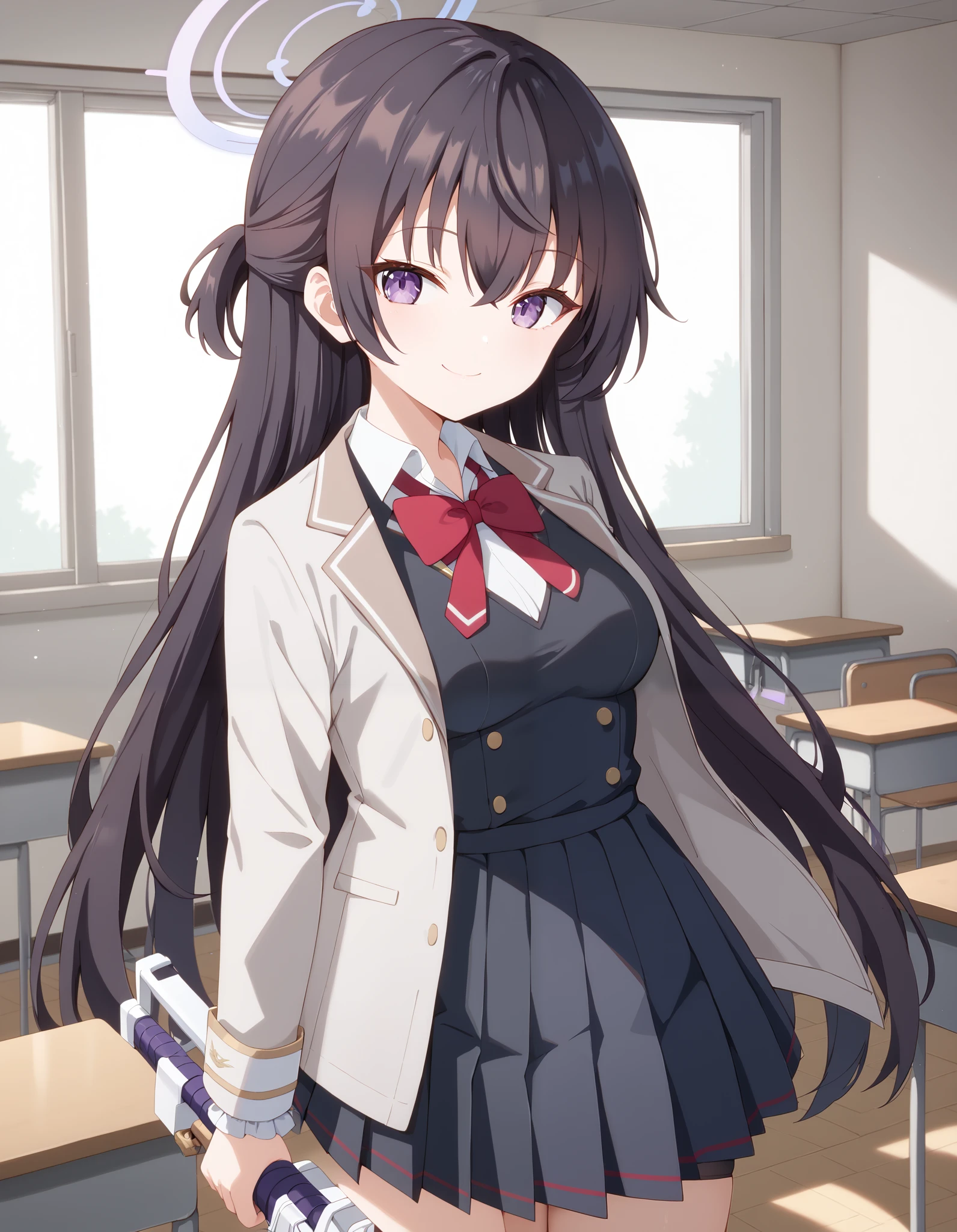 Masterpiece, hd, best quality, 1girl, yukisuou, long hair, bangs, brown hair, black hair, hair between eyes, purple eyes, half updo , medium breasts, halo, blue archive halo, shirt, bow, school uniform, jacket, closed jacket, white shirt, collared shirt,red bow tie, red bow, black vest,  jacket, red bow tie, black skirt, pleated skirt, standing, indoor, classroom, looking at viewer, wearing white socks, alone, cowboy shot, holding weapon, assault riffle, M41A, (riffle:1.2), (weapon:1.2), smile