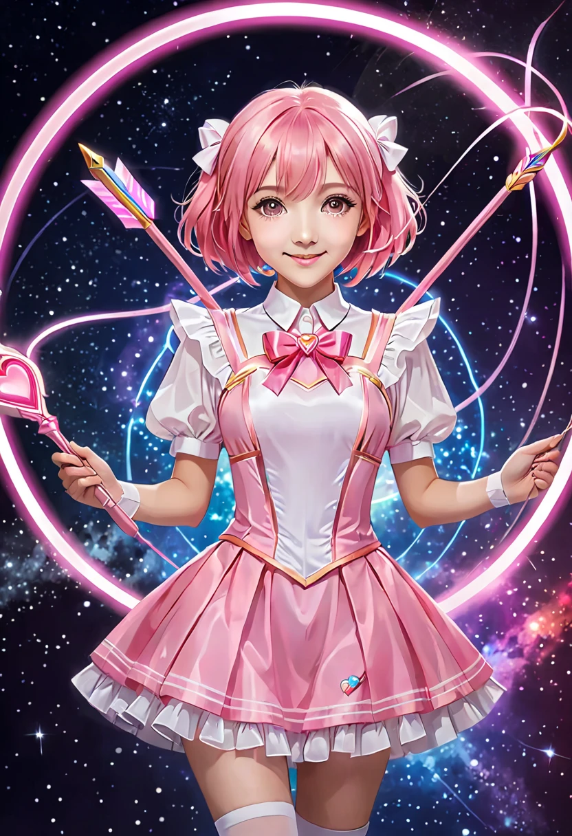 masterpiece,  high definition  ,  top quality ,8k (Cure Beauty)smile　 pink haired girl,ゴージャスな Magical Girlの衣装,  Pink dress with ribbons and frills , I Have a Magic Wand in My Hand ,  The tip of the wand is a glowing pink heart .,  designed to look like a bow and arrow ,  Magical Girl　 shoot a pink neon arrow in intergalactic outer space　MITUKI and rainbow-colored neon characters in the background 