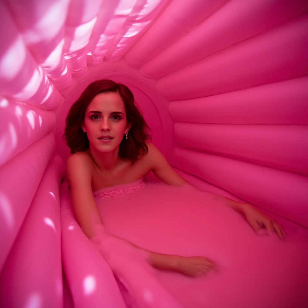 Naked and Emma Watson, lying in a small, tight inflatable cave shaped like a pink slimy tube that looks like the inside of a lightless stomach, deep in the pink slime, slime dripping from above, everything is wet, deep in the cave where everything is getting tighter and tighter,