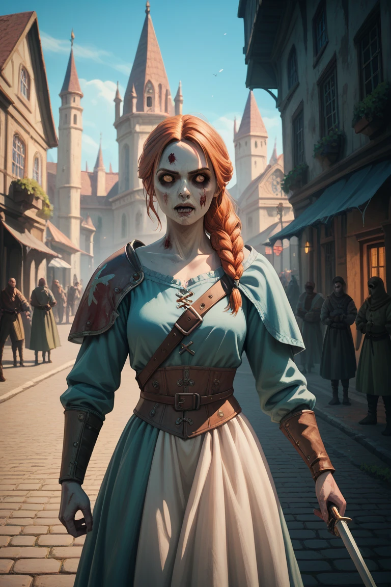 Female zombie, warrior,  city,  medieval fantasy