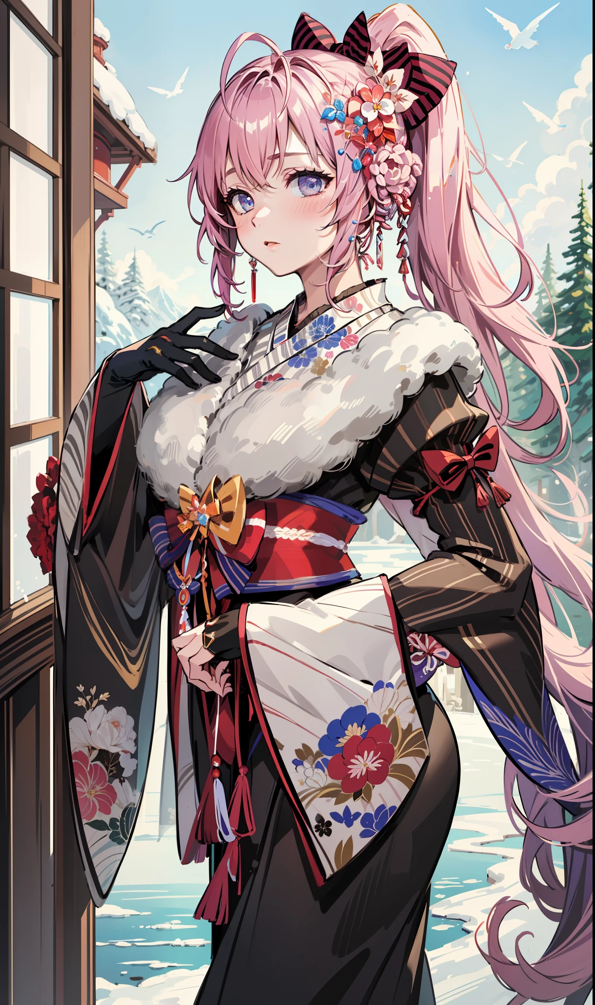 masterpiece,    top quality,    high resolution ,  masterpiece:1.2,     high quality  , 8K,      beautiful and meticulous growth   ,  happy ，  heavy costume，  blush，  kimono， Japanese costume ，Side Ponytail，  Fantasy World , Ice and snow fly  ,  winter，Mysterious landscape  ， black gloves ，Strike a pose，Beautiful sleeves  ，   Lots of clothes on the chest ， Small curves   