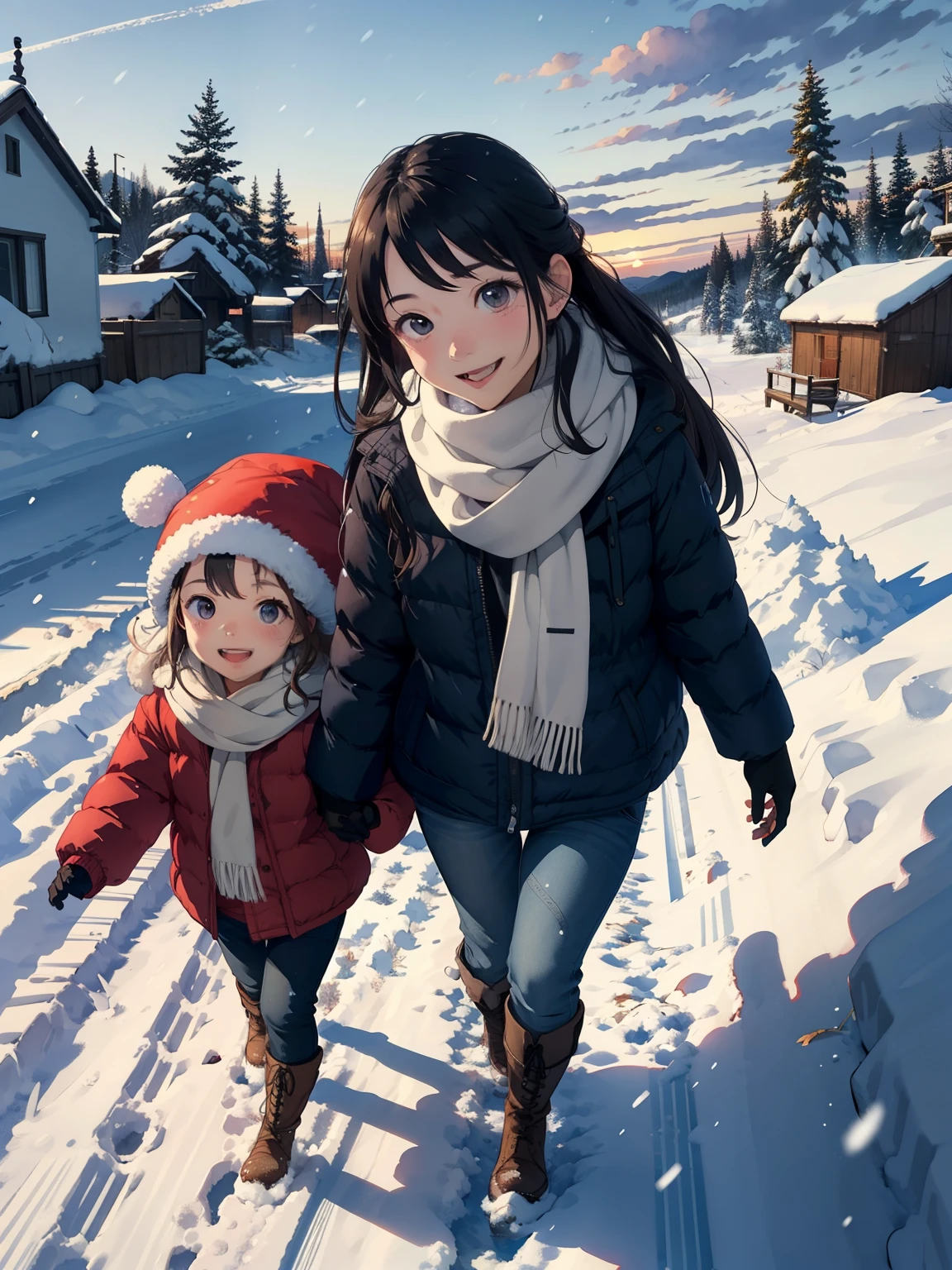  Highest Masterpieces，top quality， high image quality，( super flat ， flat shading  )， fisheye lens，Beautiful petite and well-trained young mother and her cute little training daughter:1.25，   warm scarf ， Down Jacket，(naked)， long hair， boots，smile, smile， White Breath:1.2，fun, snowで遊ぶ, winter, snow, 新snow，At dusk，Beautiful sunset，Wide angle， bright color , watercolor,     Ghibli style，Strong winds， girl &#39;Lure，