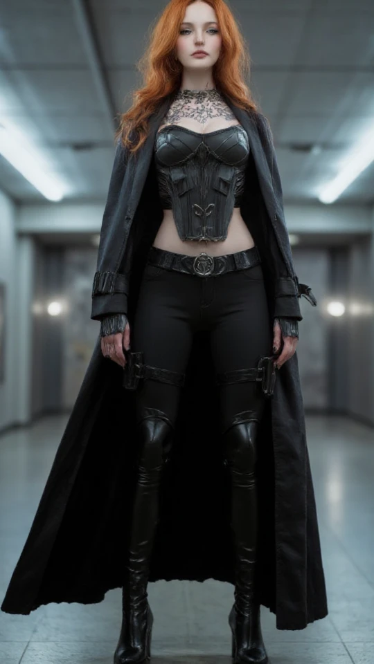 1woman, age 24, Solo, Aesthetic artwork, irish redhead, long ginger hair, commanding presence, stern glare, wavy red hair, green eyes, floral tattoo on shoulder, pale skin, sci-fi themed clothes, long black trench coat, black trousers, skin tight tactical vest over sleeveless shirt, covered abdomen, C-cup, medium breasts, fit and slim body, detailed skin texture, dynamic pose, sci fi indoors, cyberpunk themed artwork (extremely detailed 8k wallpaper), cinematic lighting, high quality, Fujifilm XT3 sharp focus, f 5.6, 50mm, High Detail, Sharp focus,(estudio light), crazy details, complex details, hyper detailed.